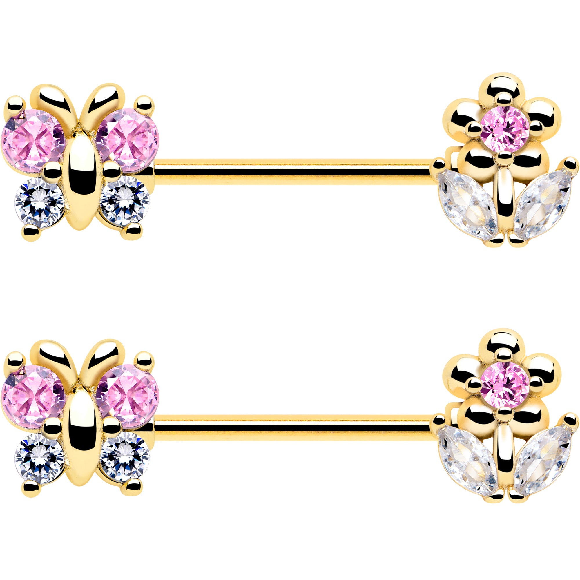 14 gauge floral nipple ring barbell pink cz