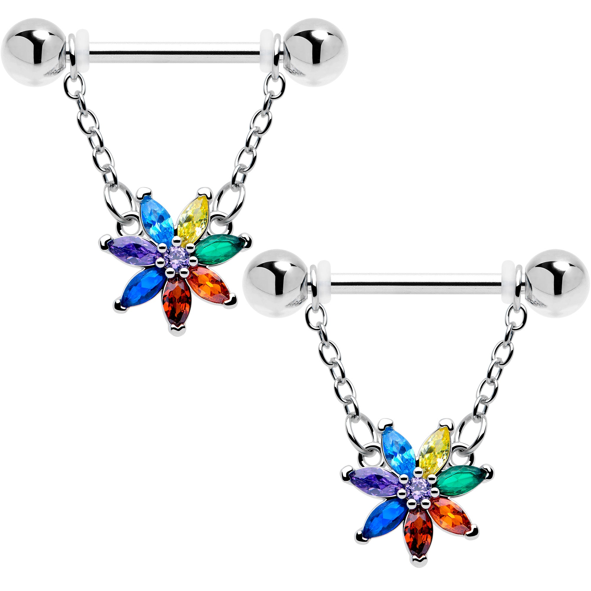 14G rainbow flower chain dangle nipple ring set