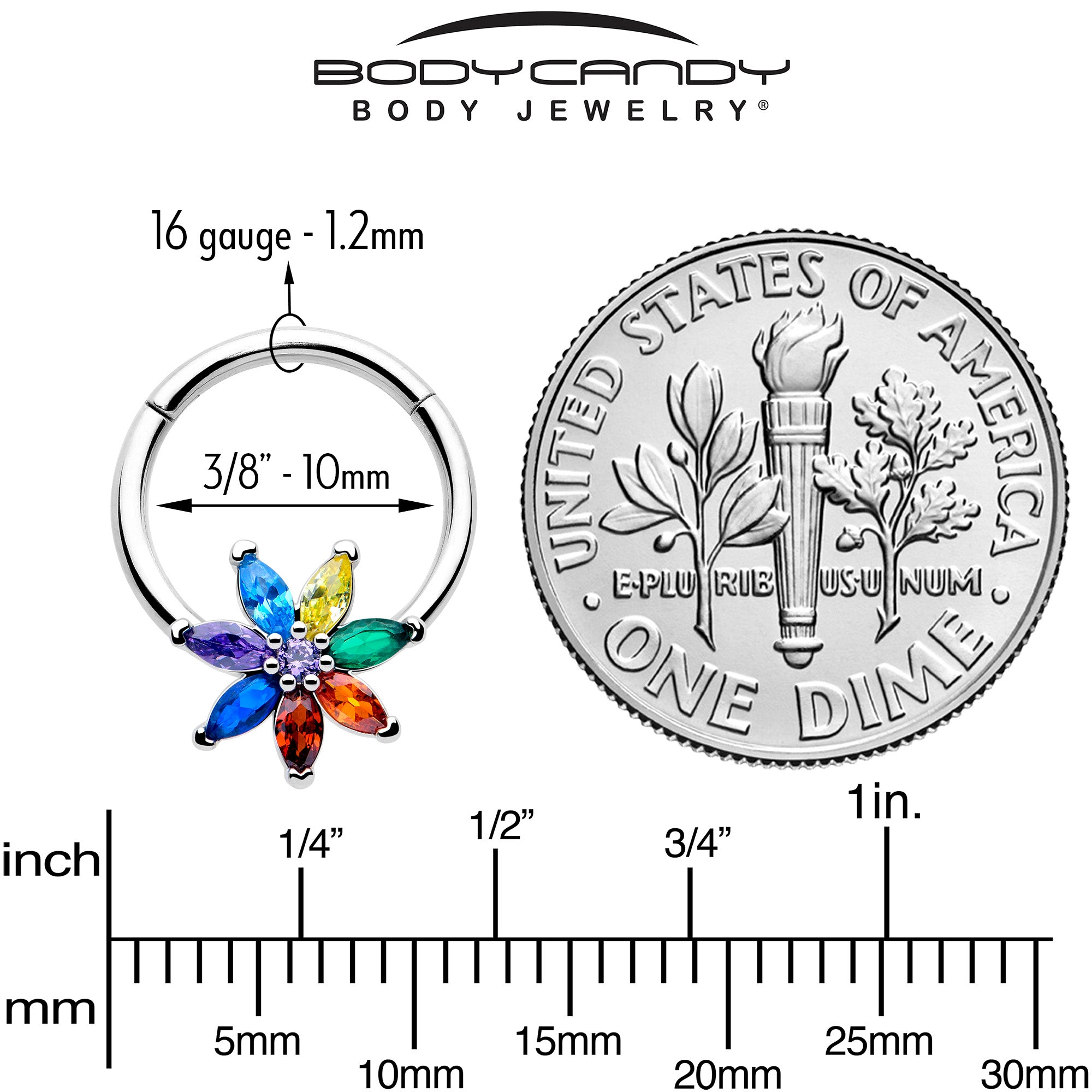 rainbow cz flower hinged clicker ring