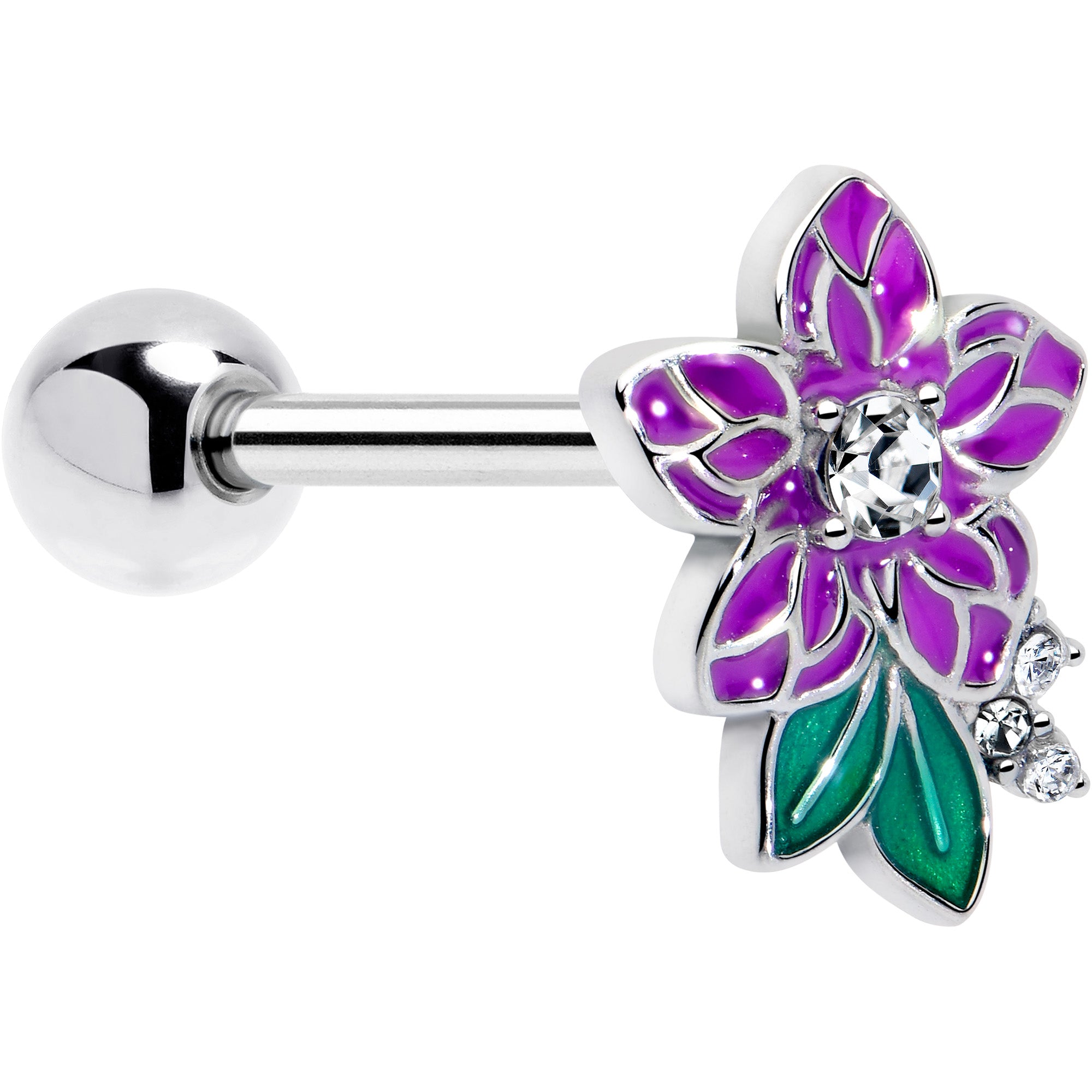purple flower tongue ring clear gem body jewelry