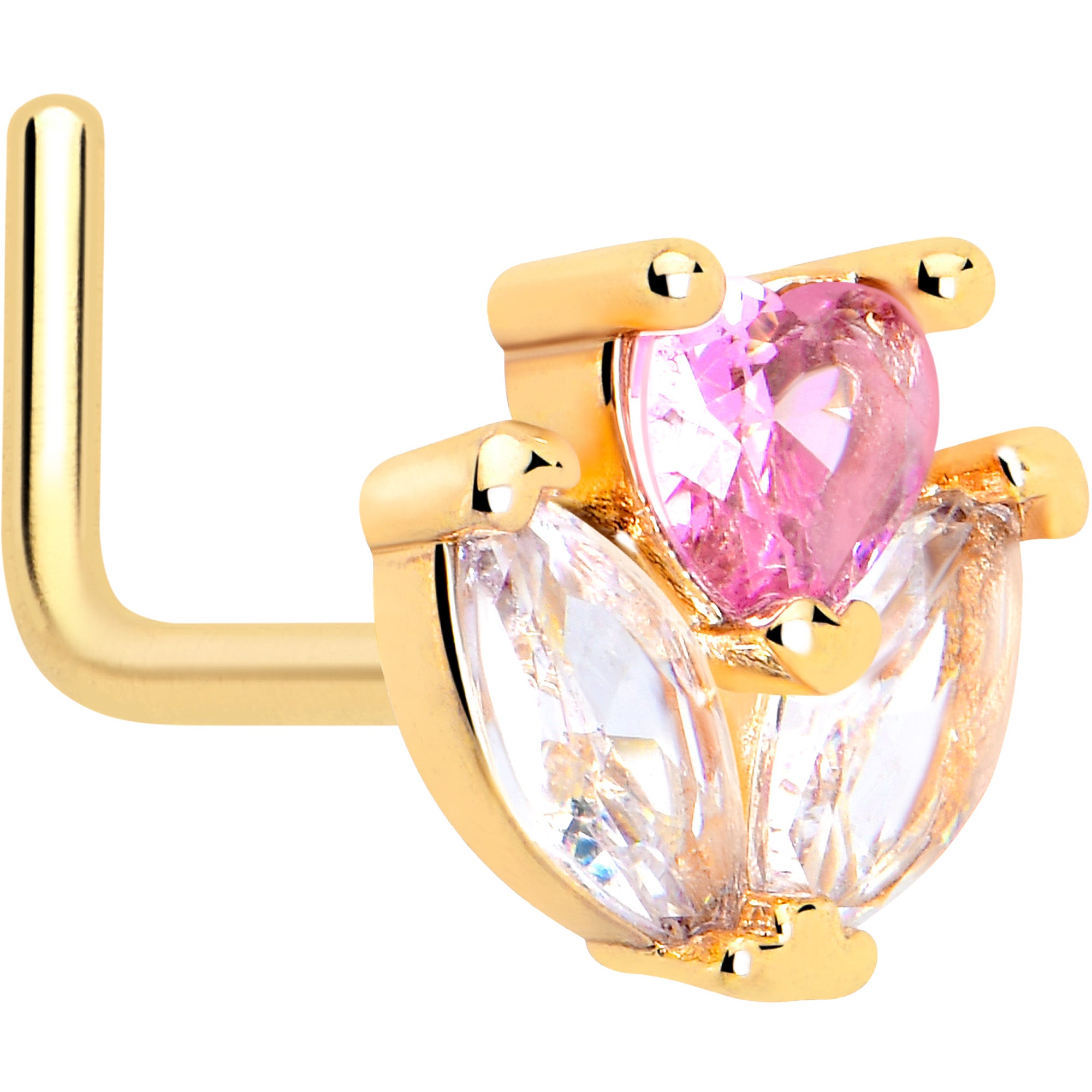 20G pink CZ gold tone love flower L shape nose ring