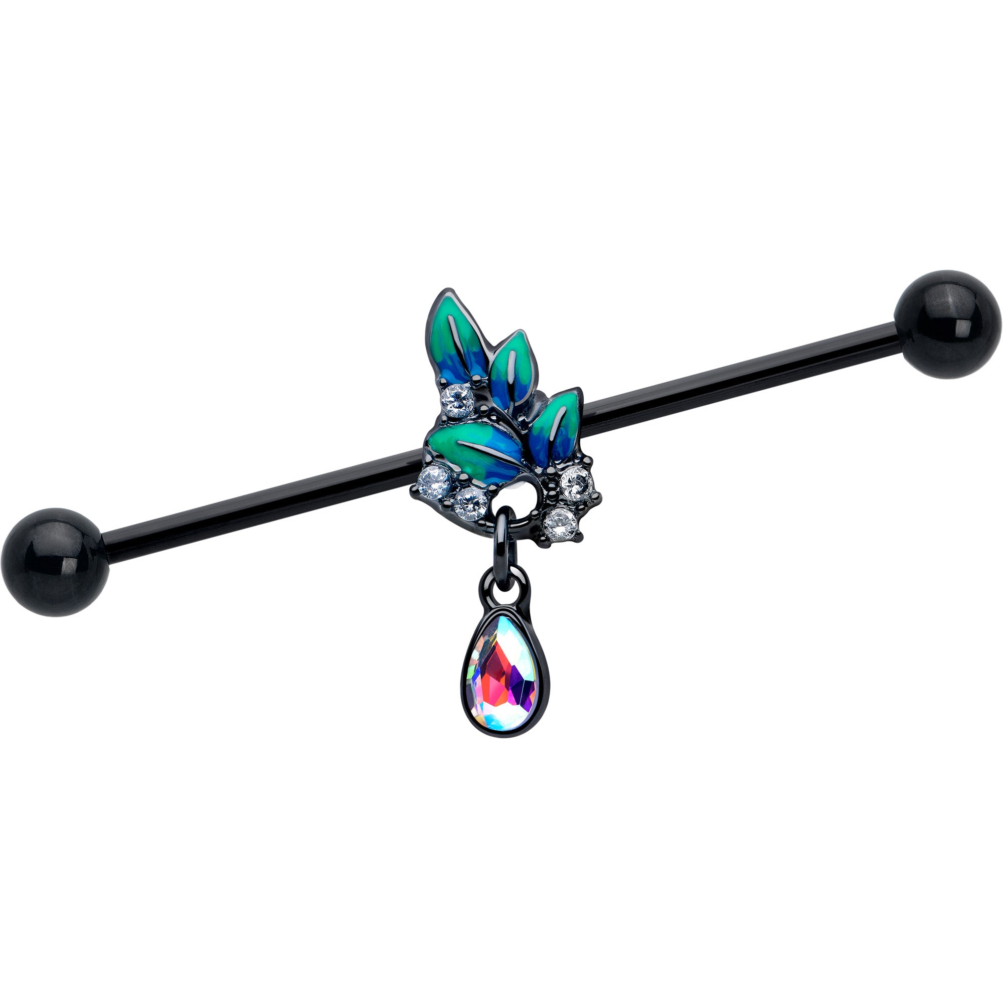 14G clear aurora cz gem black leaves industrial barbell