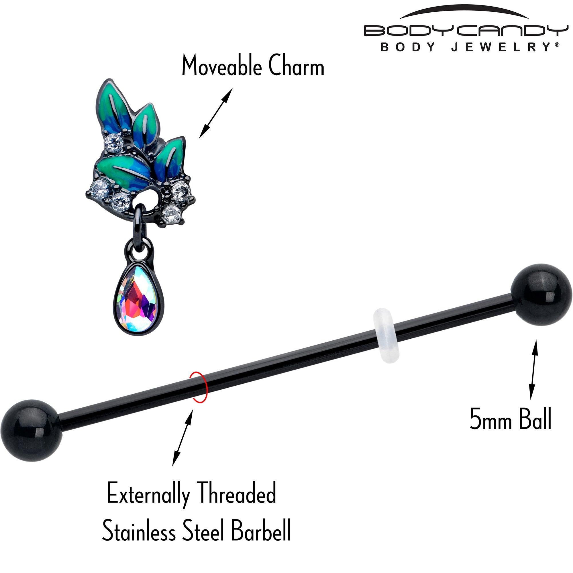 14G dangle industrial barbell with black leaves