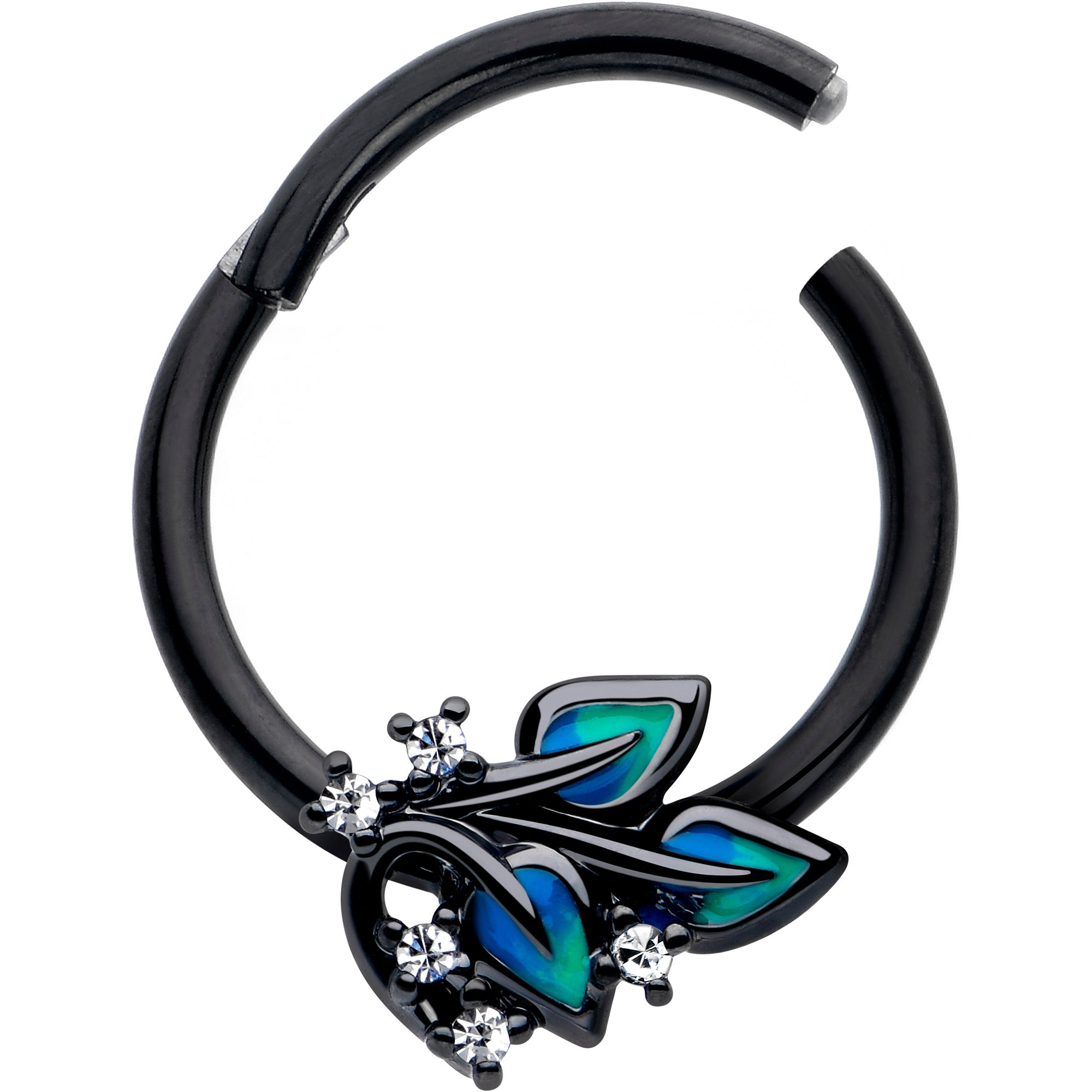 black lush leaves cartilage hoop with clear CZ