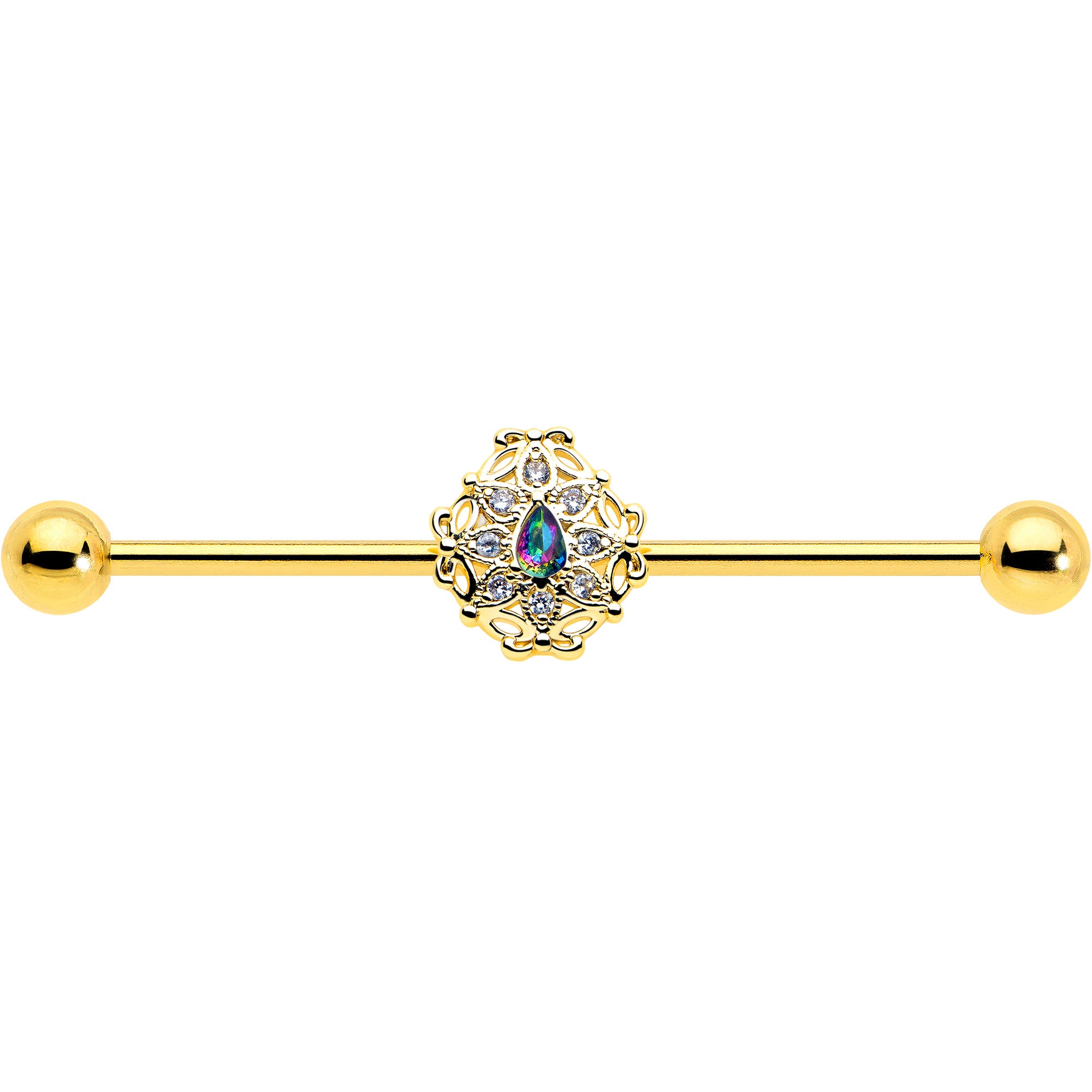 38mm gold industrial barbell with vitrail crystal blossom design