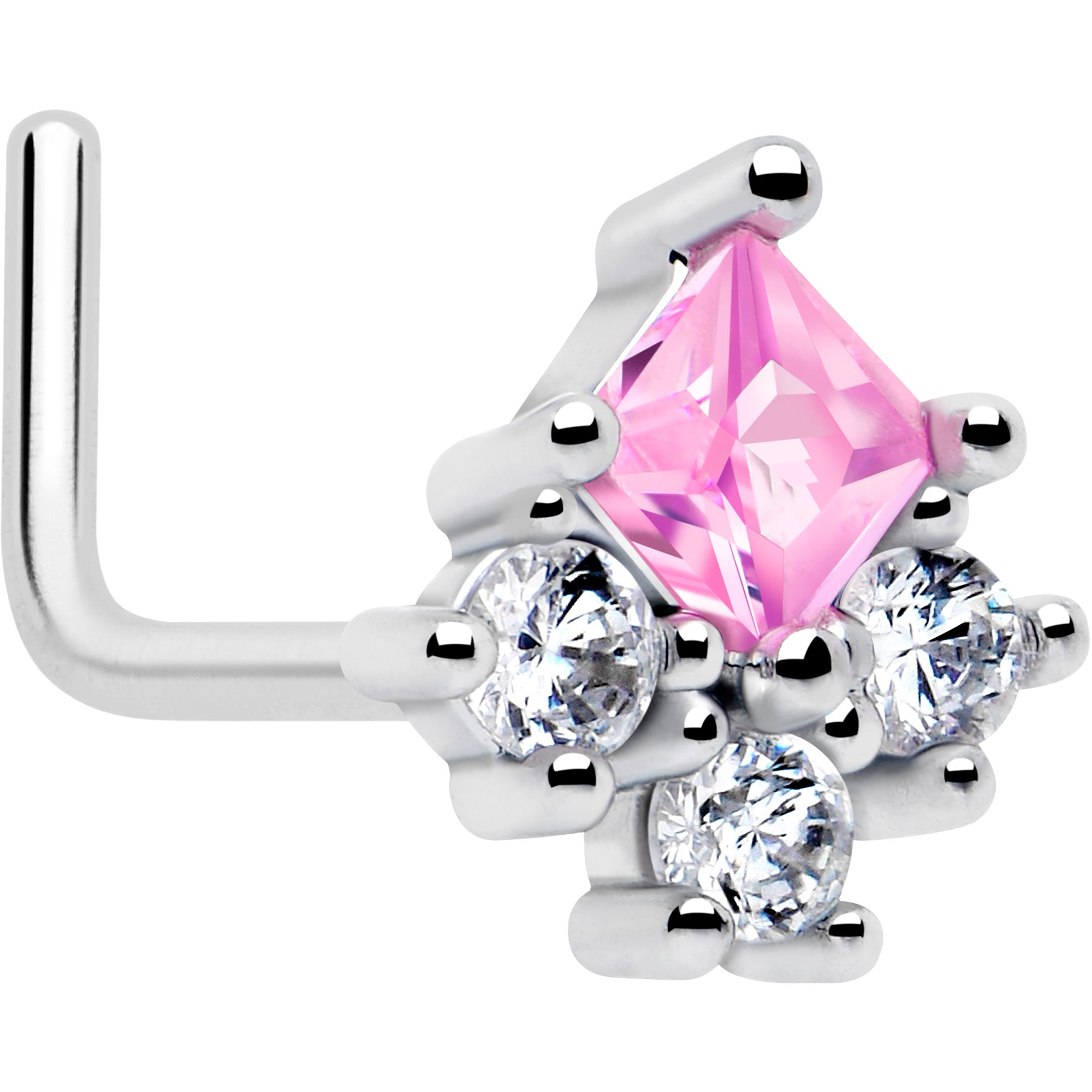 Pink CZ rhombus L shape nose ring 20G 7mm