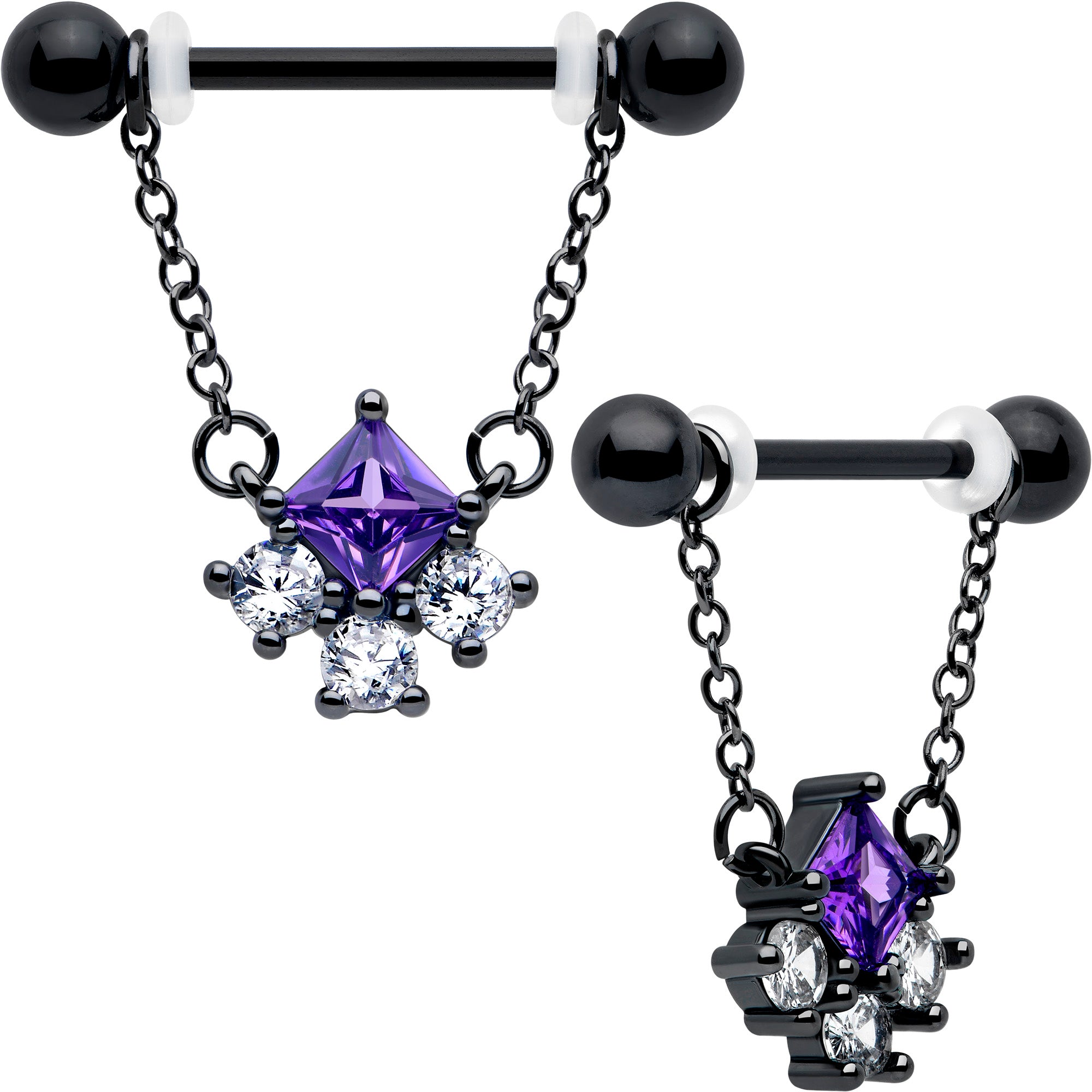 black rhombus chain dangle nipple rings with purple cz gems