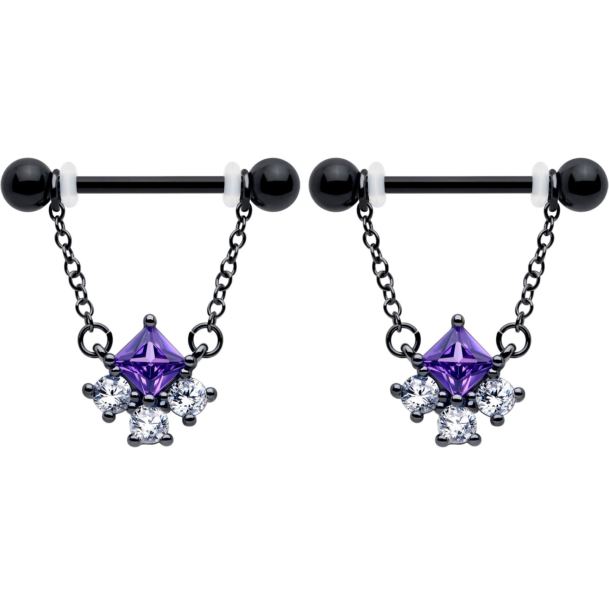14g 9/16 black nipple barbell set with purple crystal accents