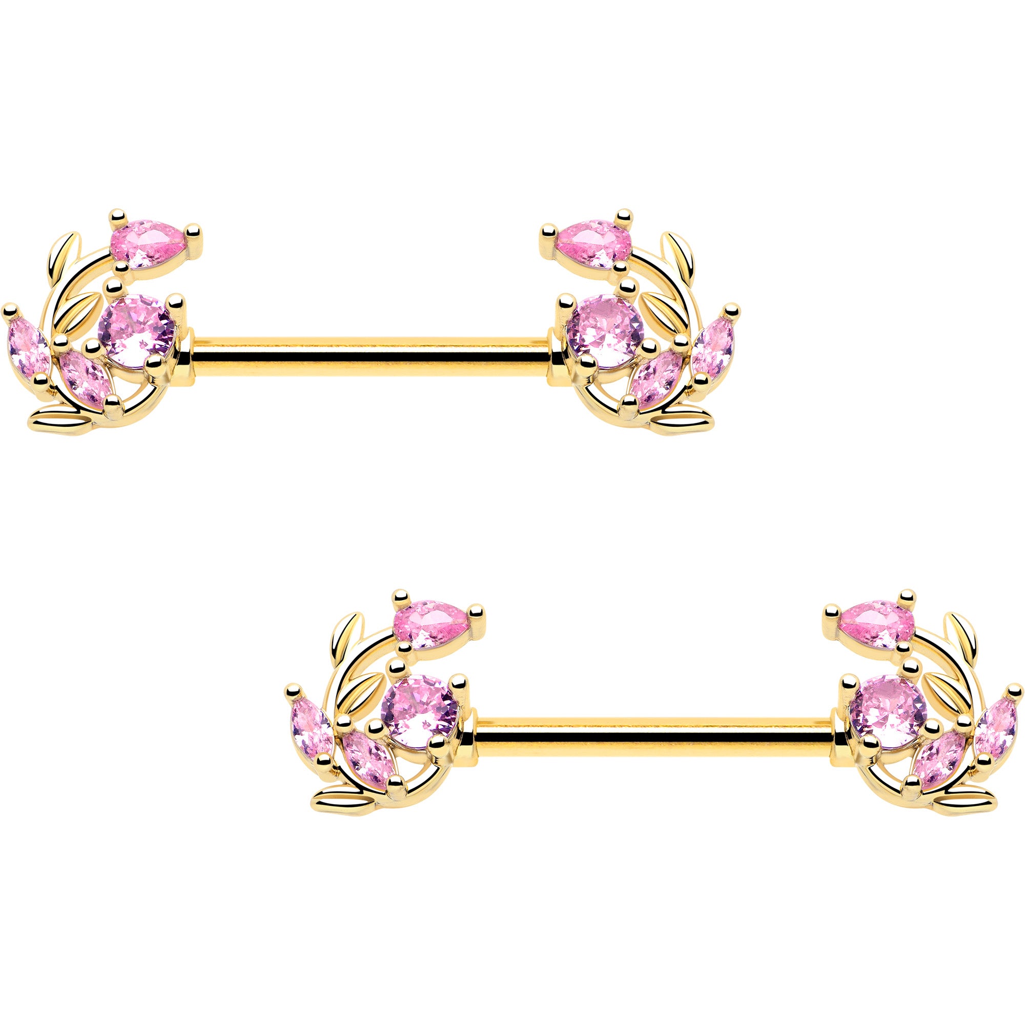 14G pink gem gold tone twining vine nipple ring set