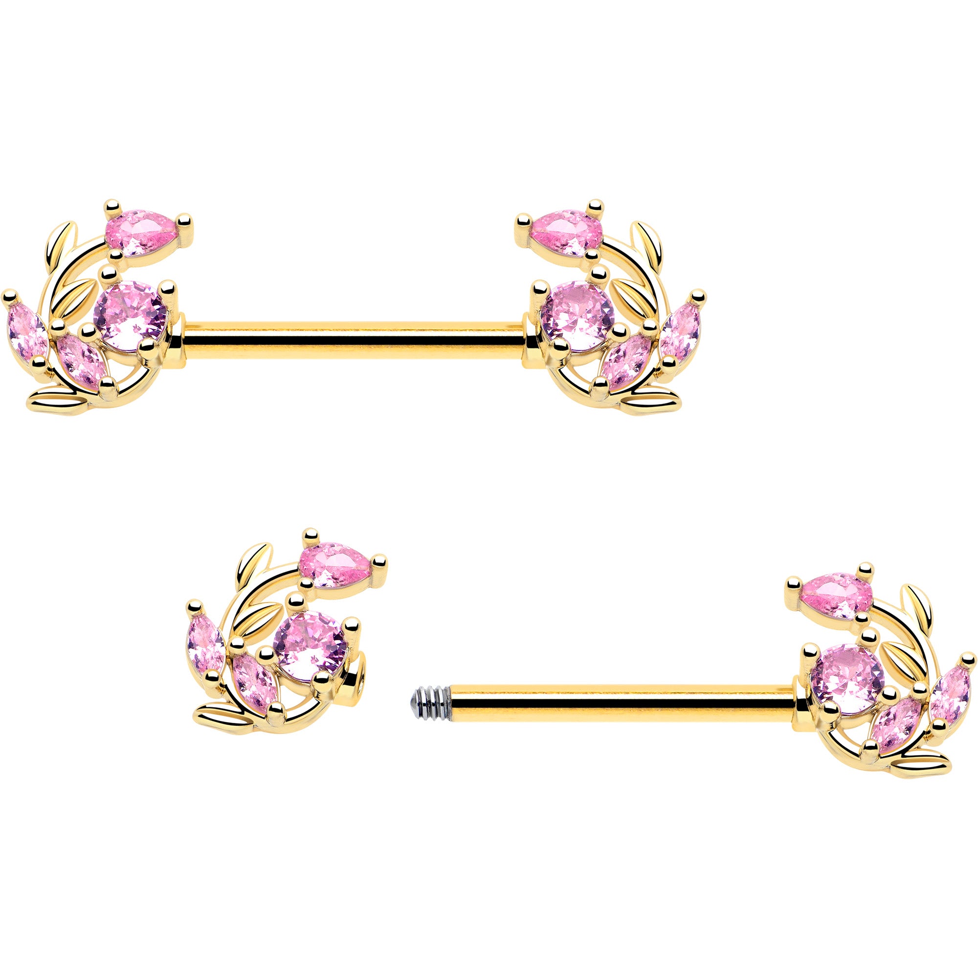 pink gem gold tone vine barbell nipple jewelry