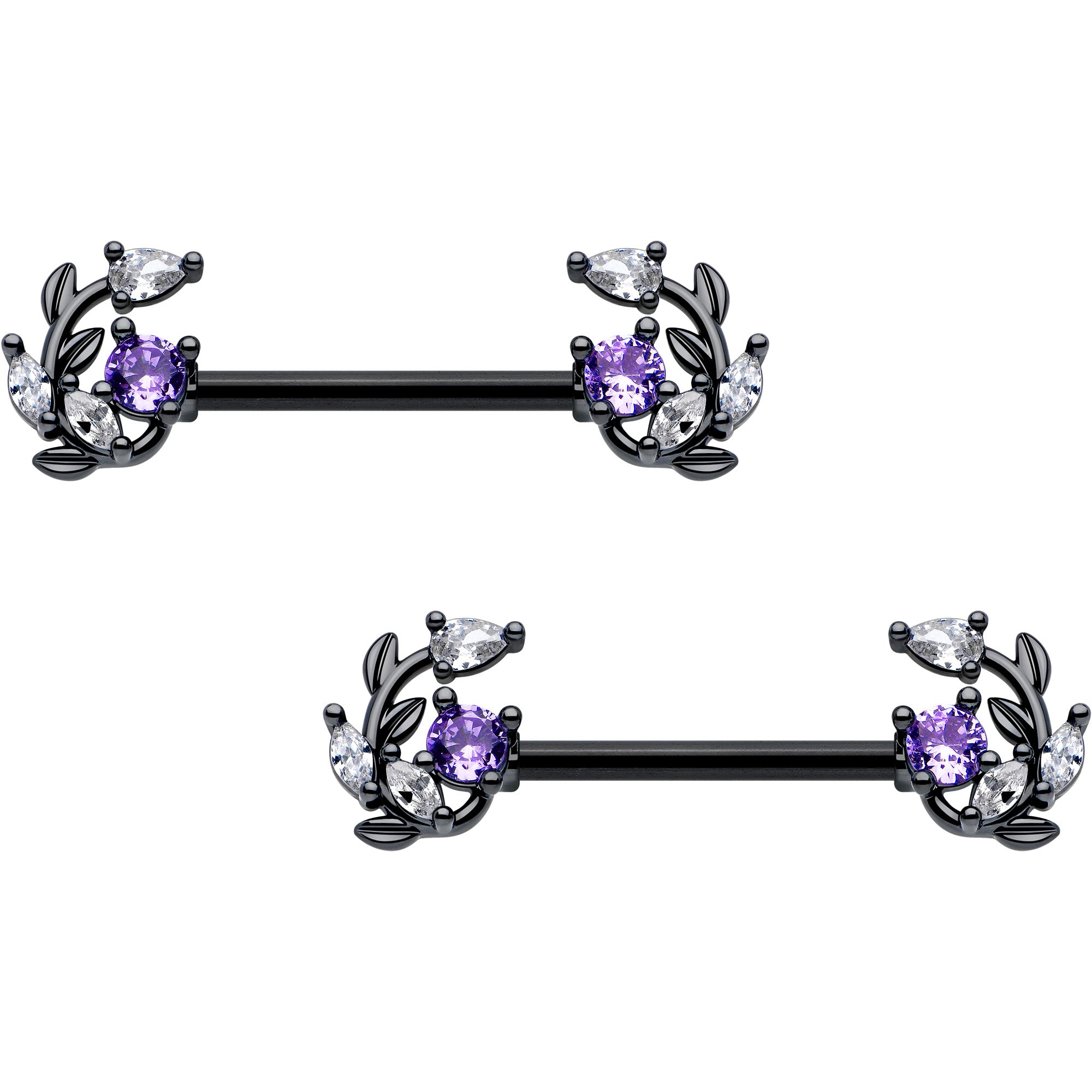 14G clear purple gem black vine nipple ring set