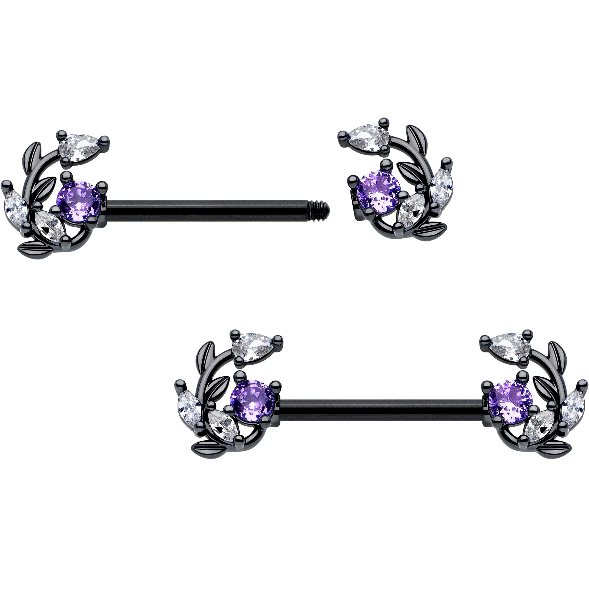 black twining vine barbell nipple rings 14G