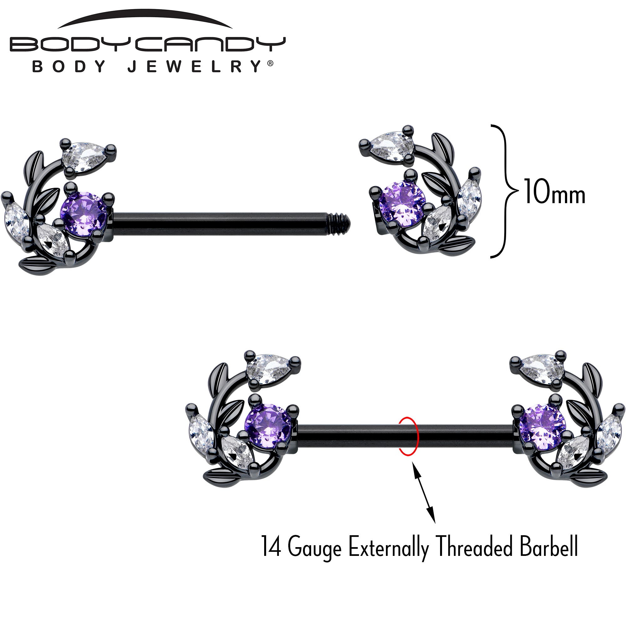 9/16 black vine design nipple ring pair