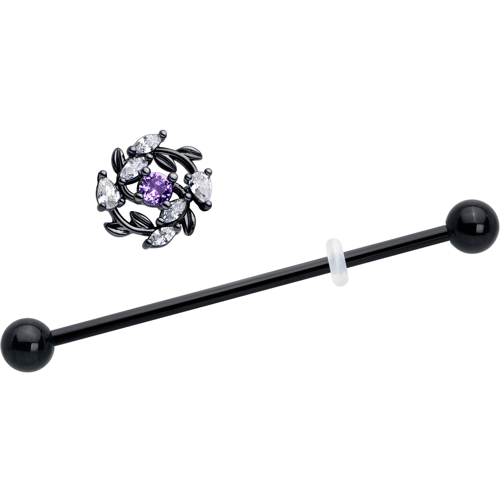 14g black industrial piercing with clear purple gems