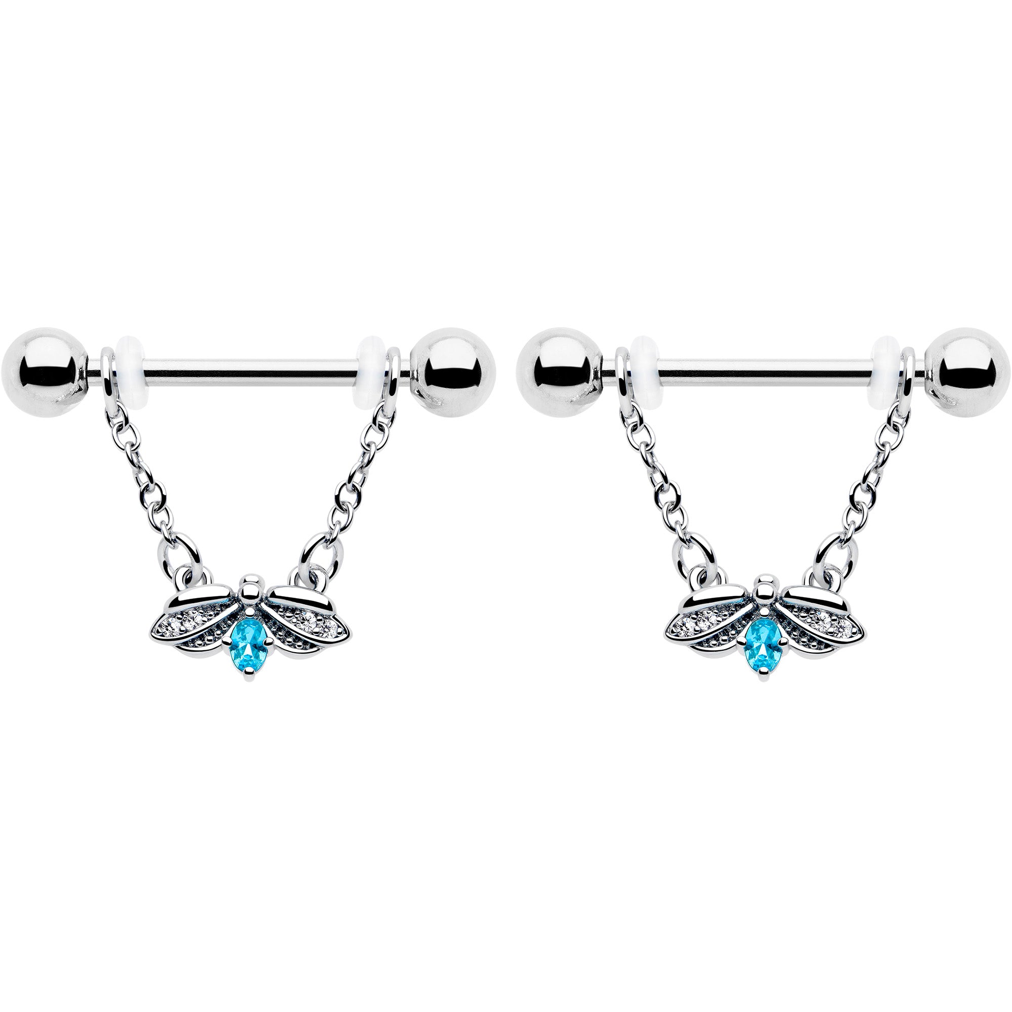 blue gem bug chain nipple rings 14g dangle style