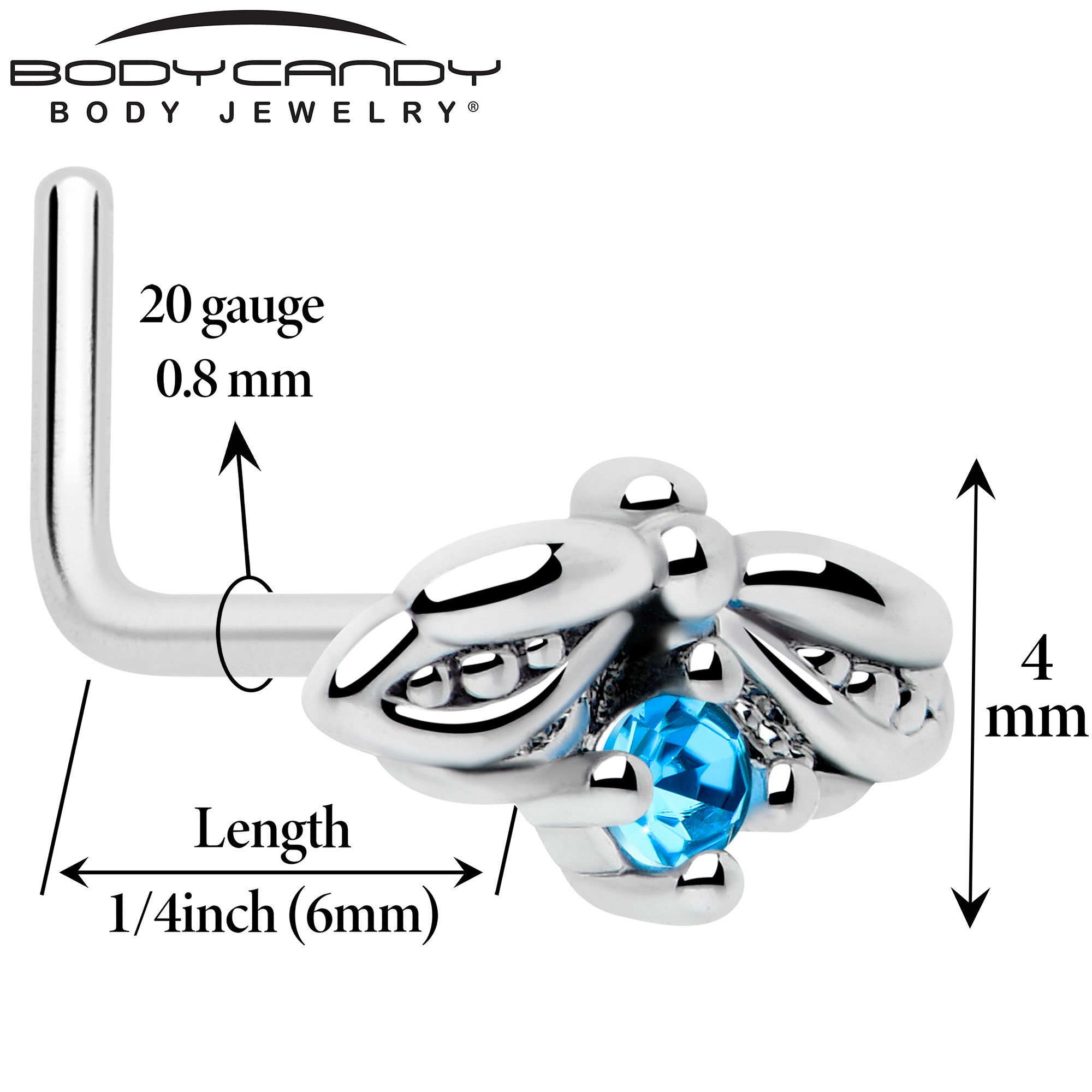 20 gauge blue bug nose stud with crystal accent