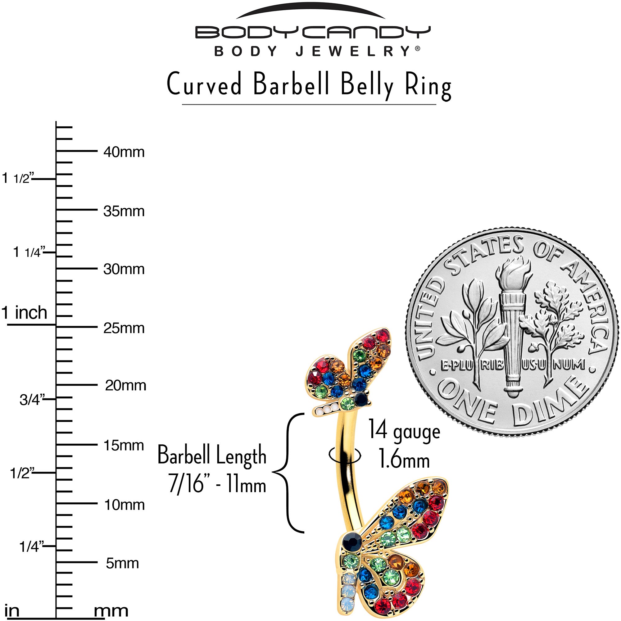 Double mount butterfly navel ring with red and blue gems