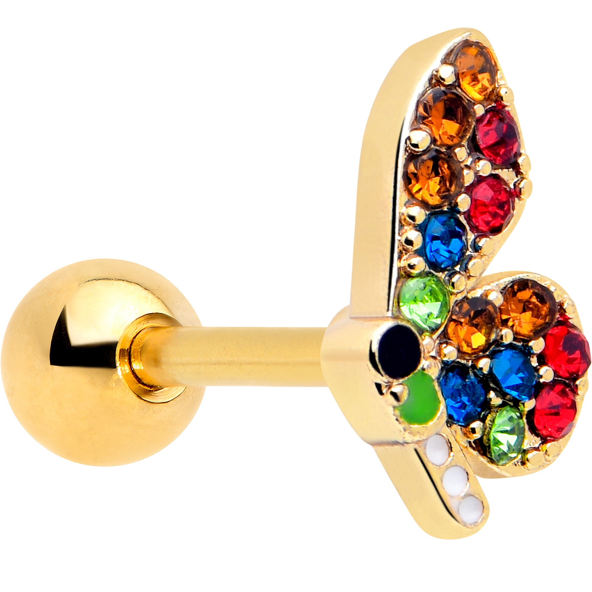 Gold tone butterfly cartilage earring with red and blue gems