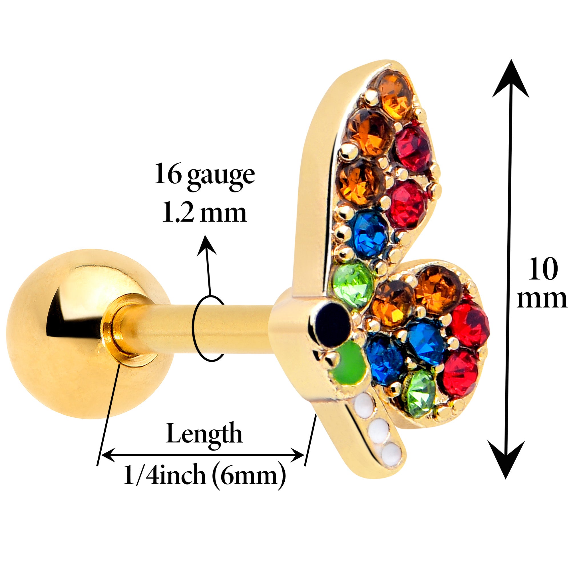 16G gold butterfly tragus piercing jewelry