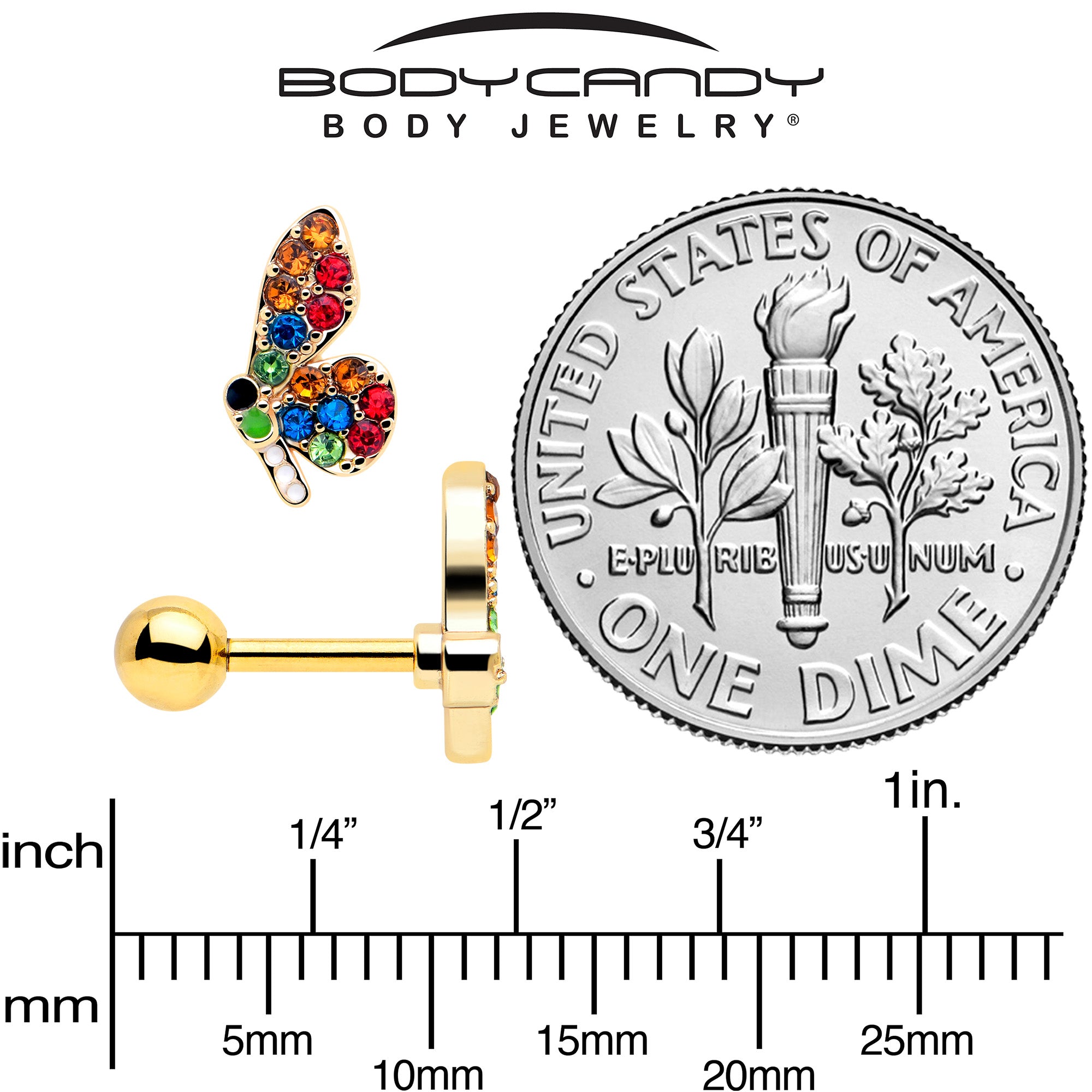 Colorful butterfly tragus barbell with gems