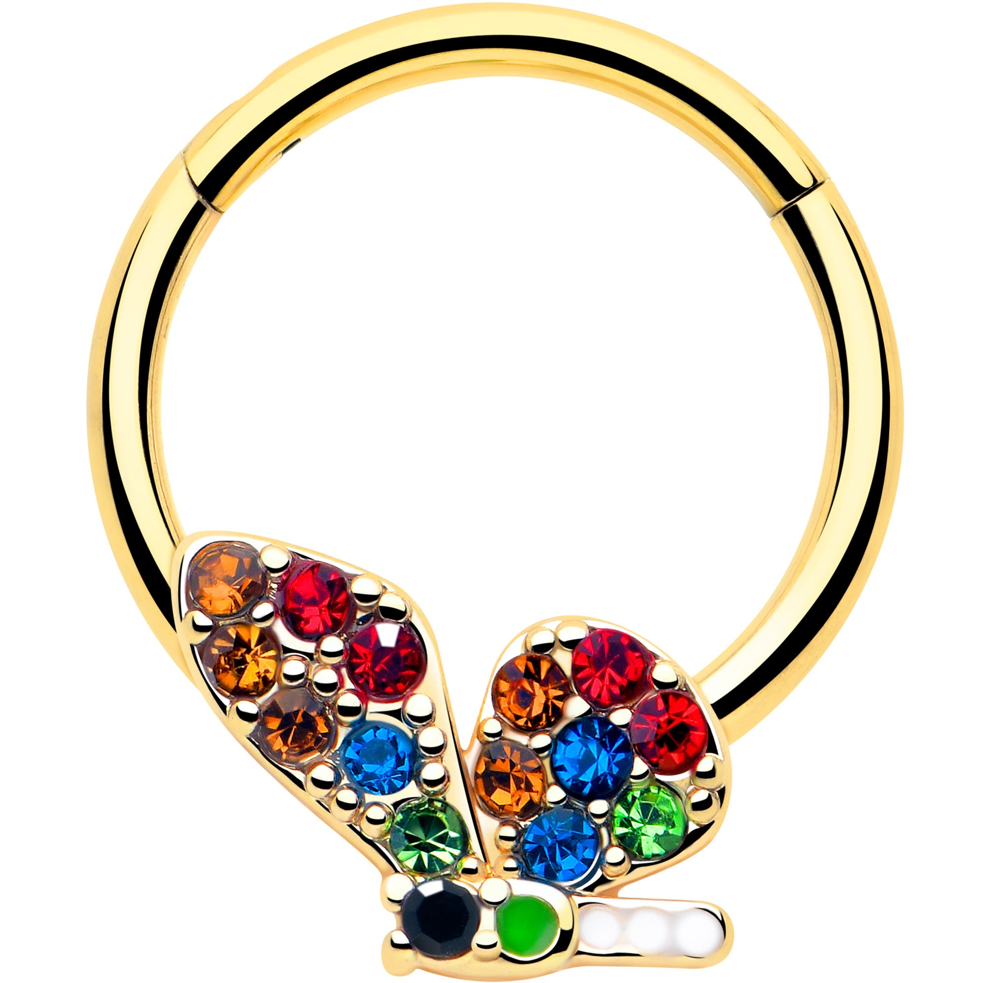 Red blue gem gold butterfly hinged segment ring