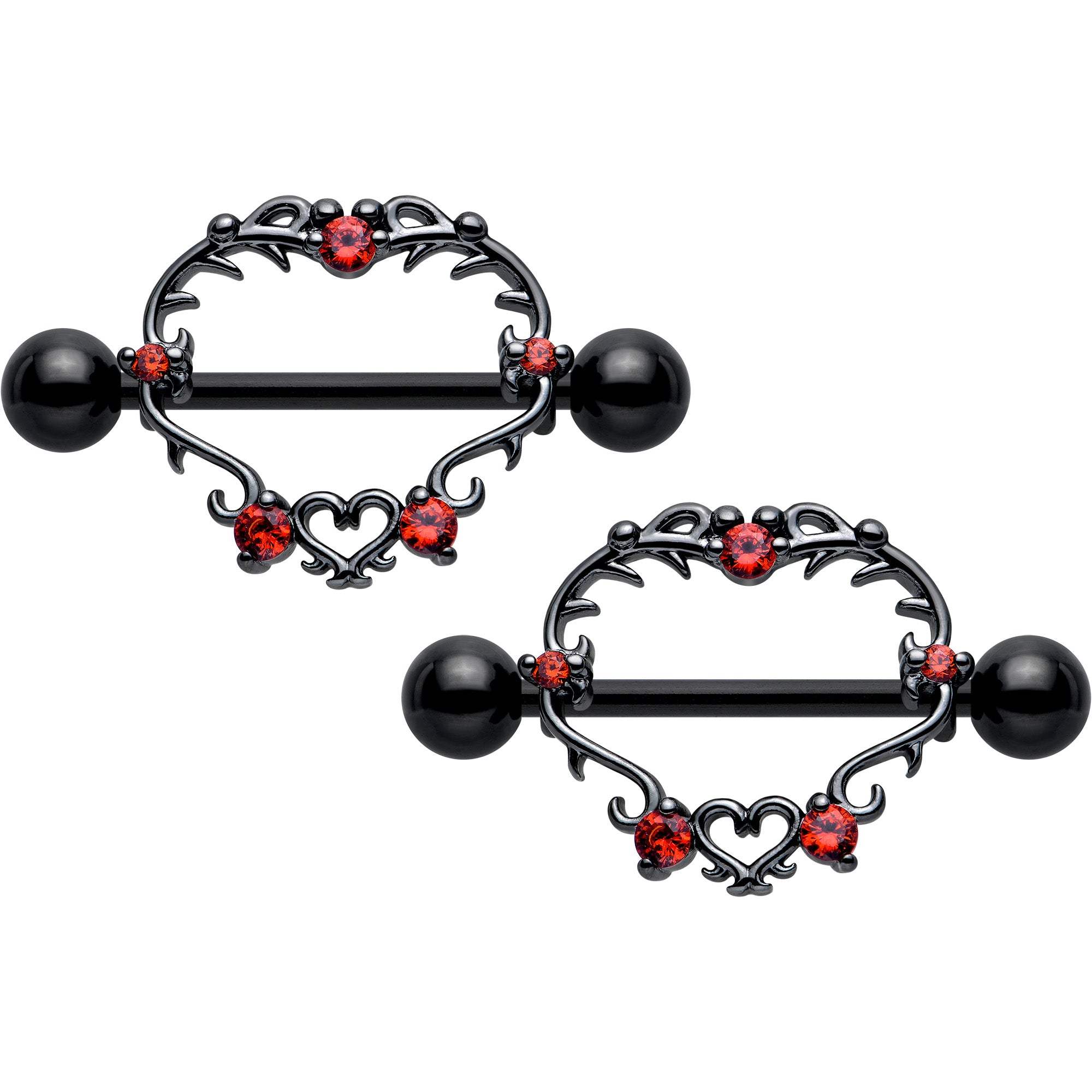 14 Gauge Red CZ Gem Black Leafy Heart Nipple Shield Set