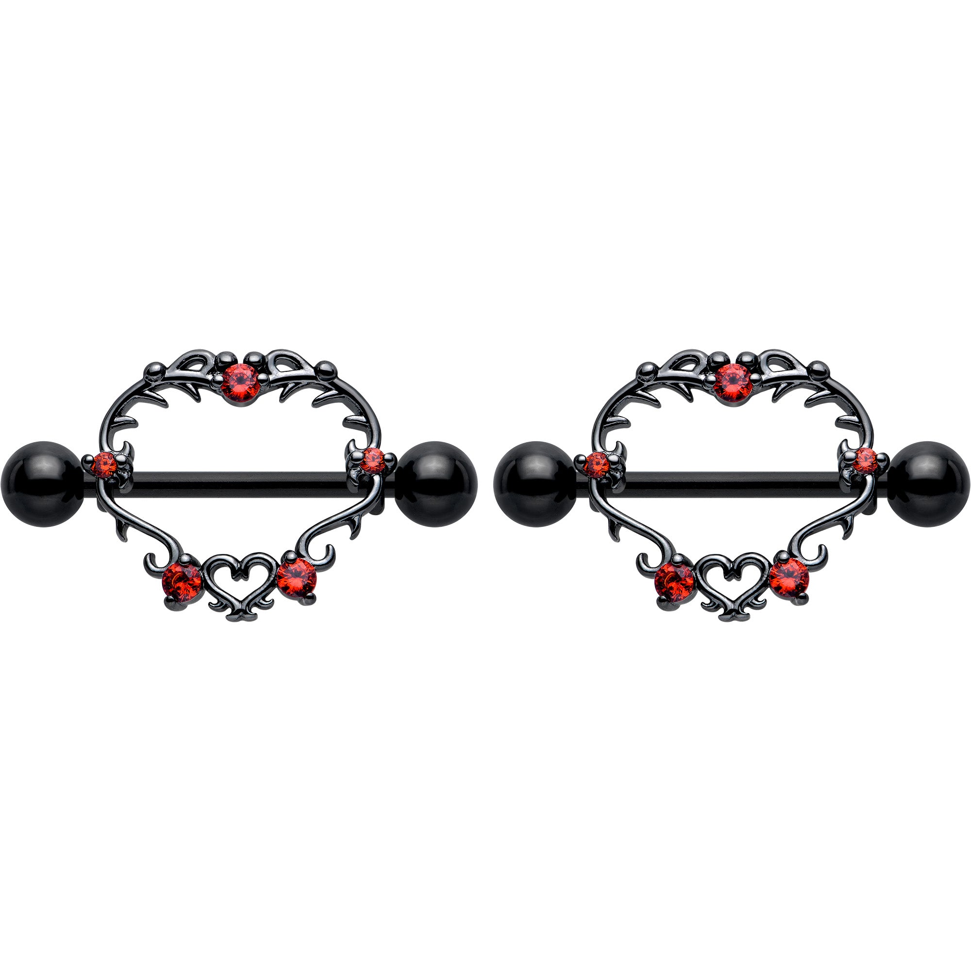 Black Leafy Heart Nipple Shield Set with Red CZ Gem 14 Gauge