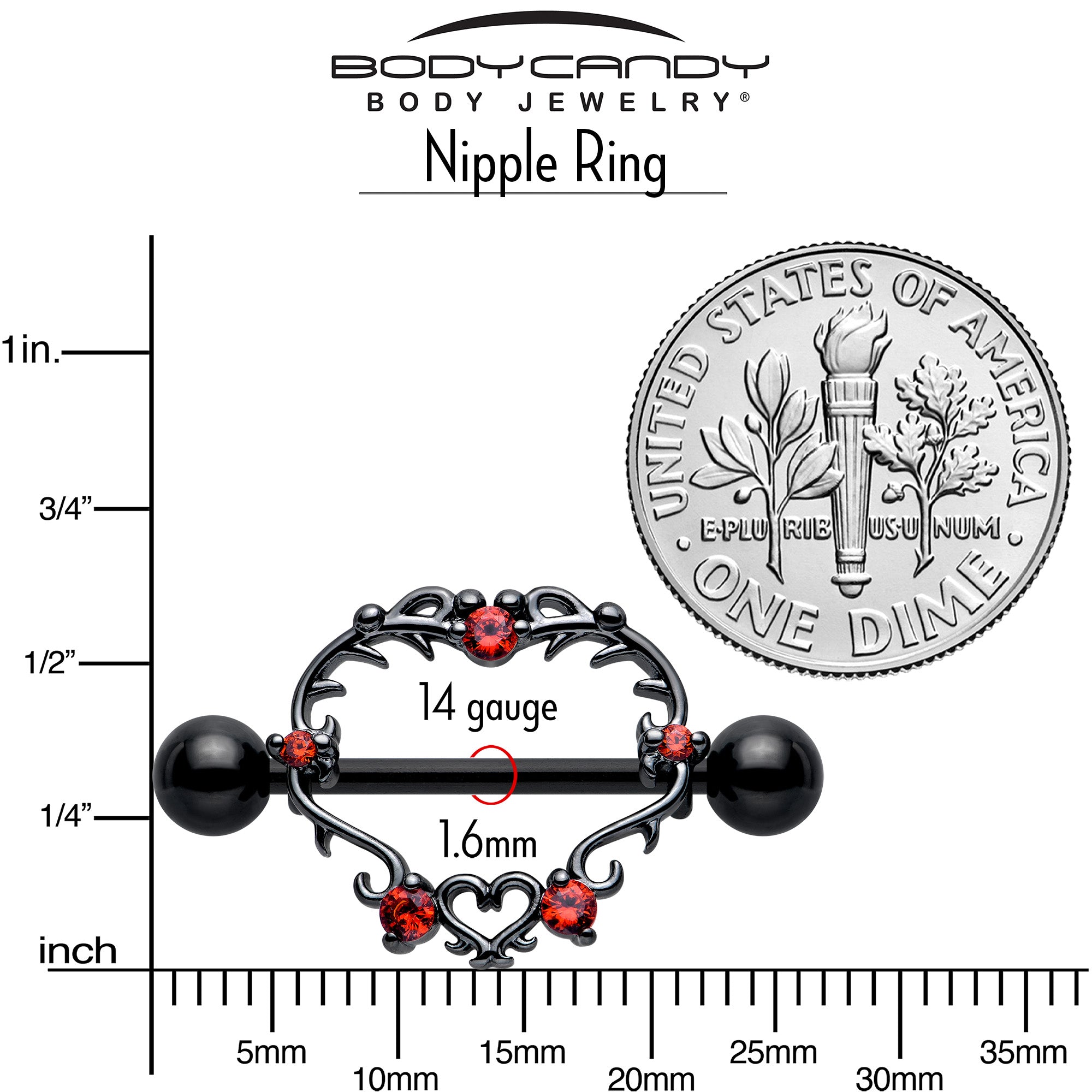 14 Gauge Black Leafy Heart Nipple Shields with Red CZ Gem