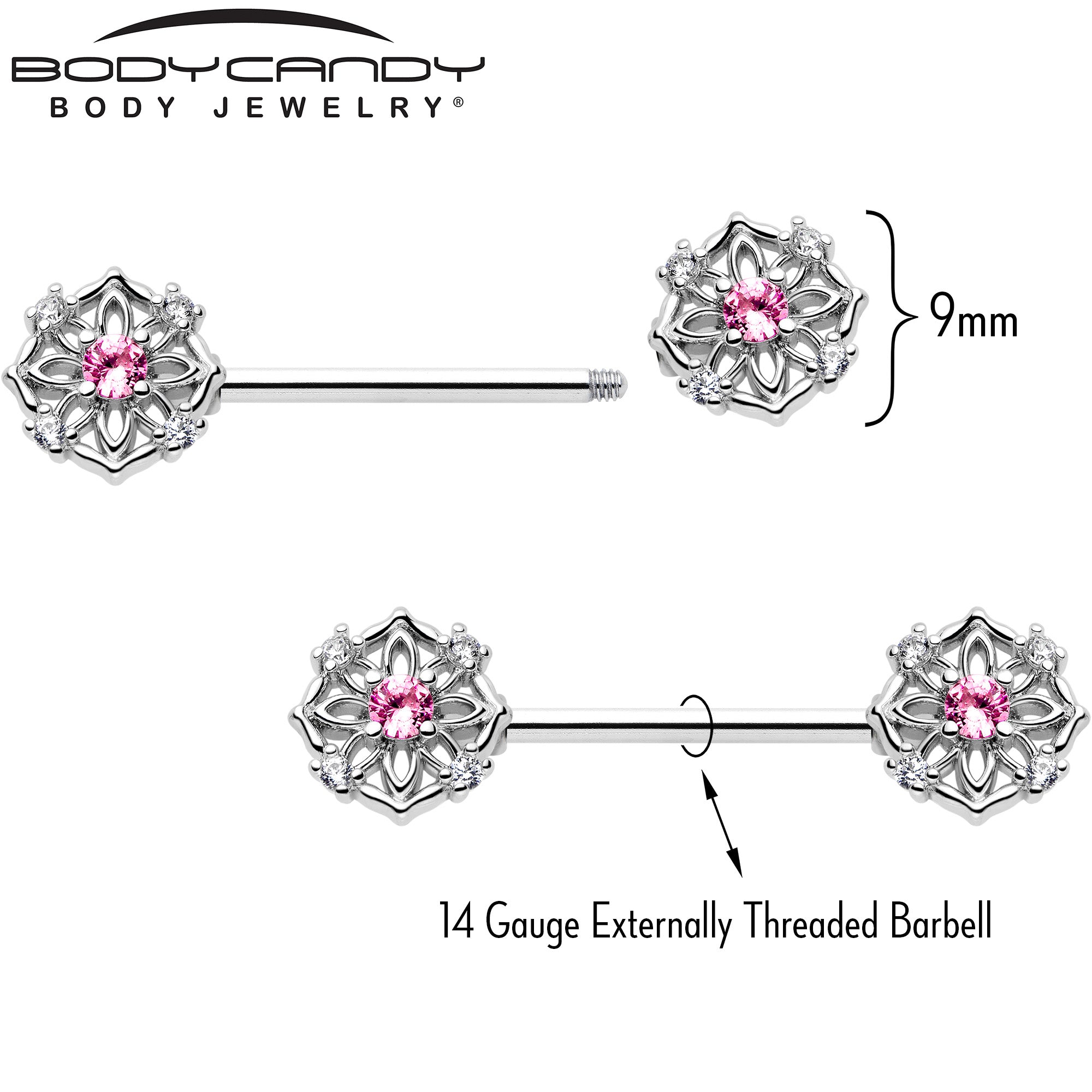 floral pink cz gem nipple ring barbell