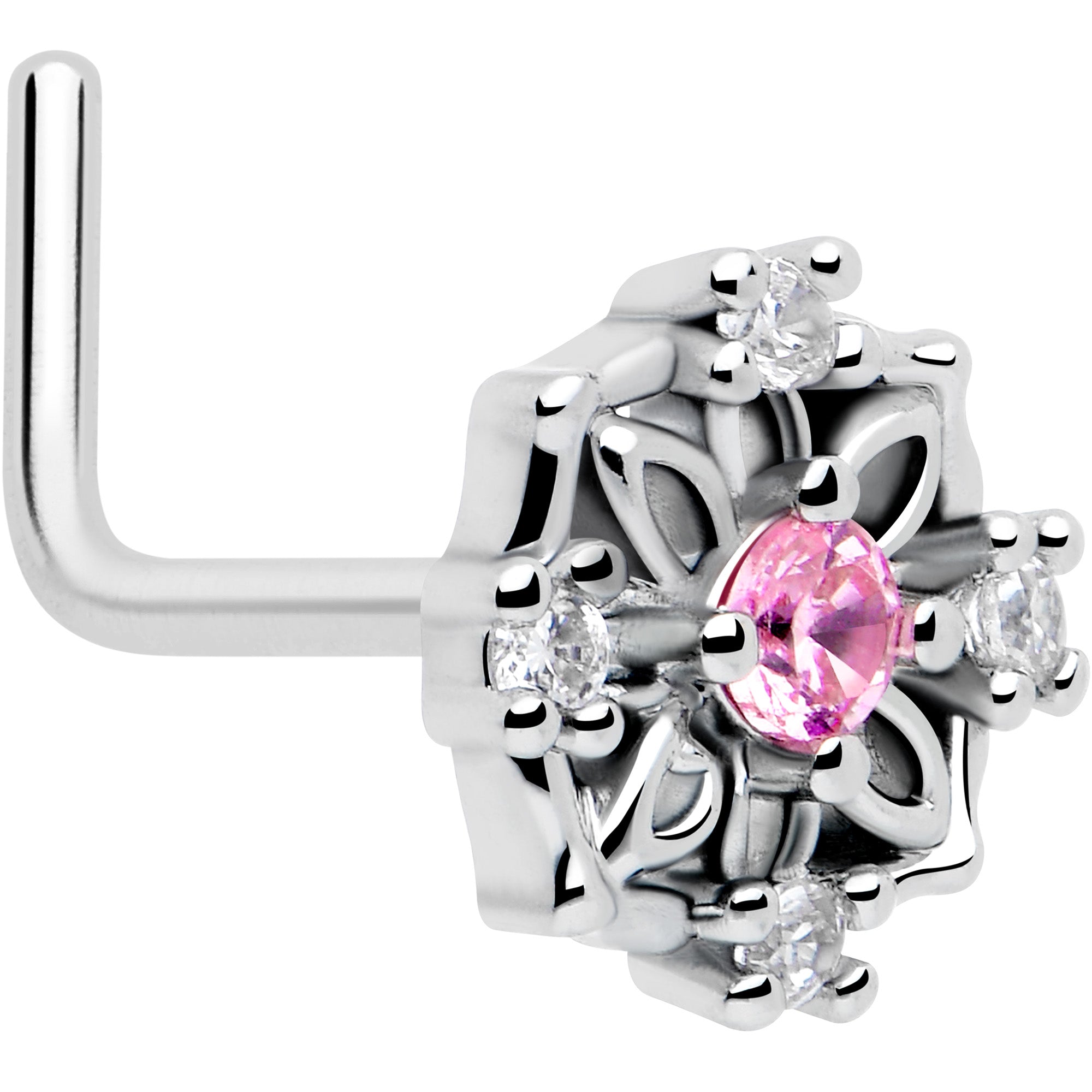pink cz flower circle l shape nose ring