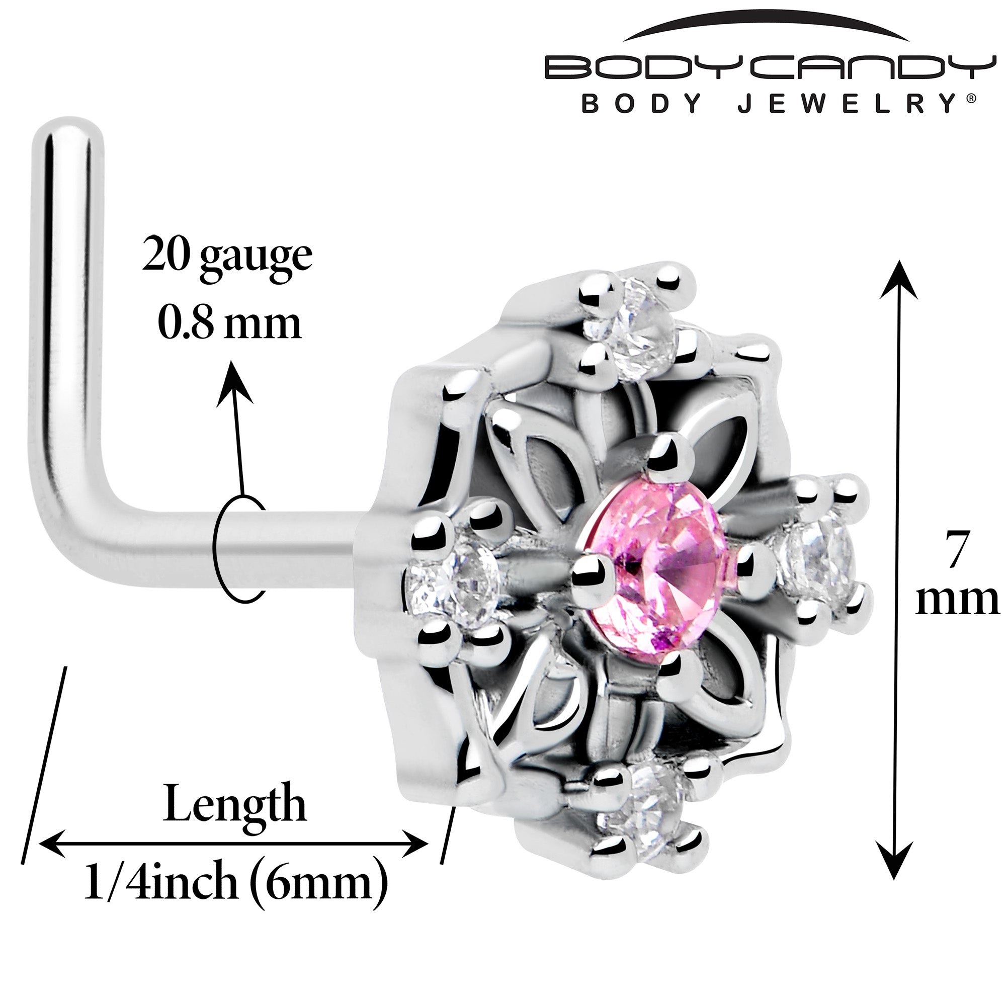 20g pink cubic zirconia flower nose ring