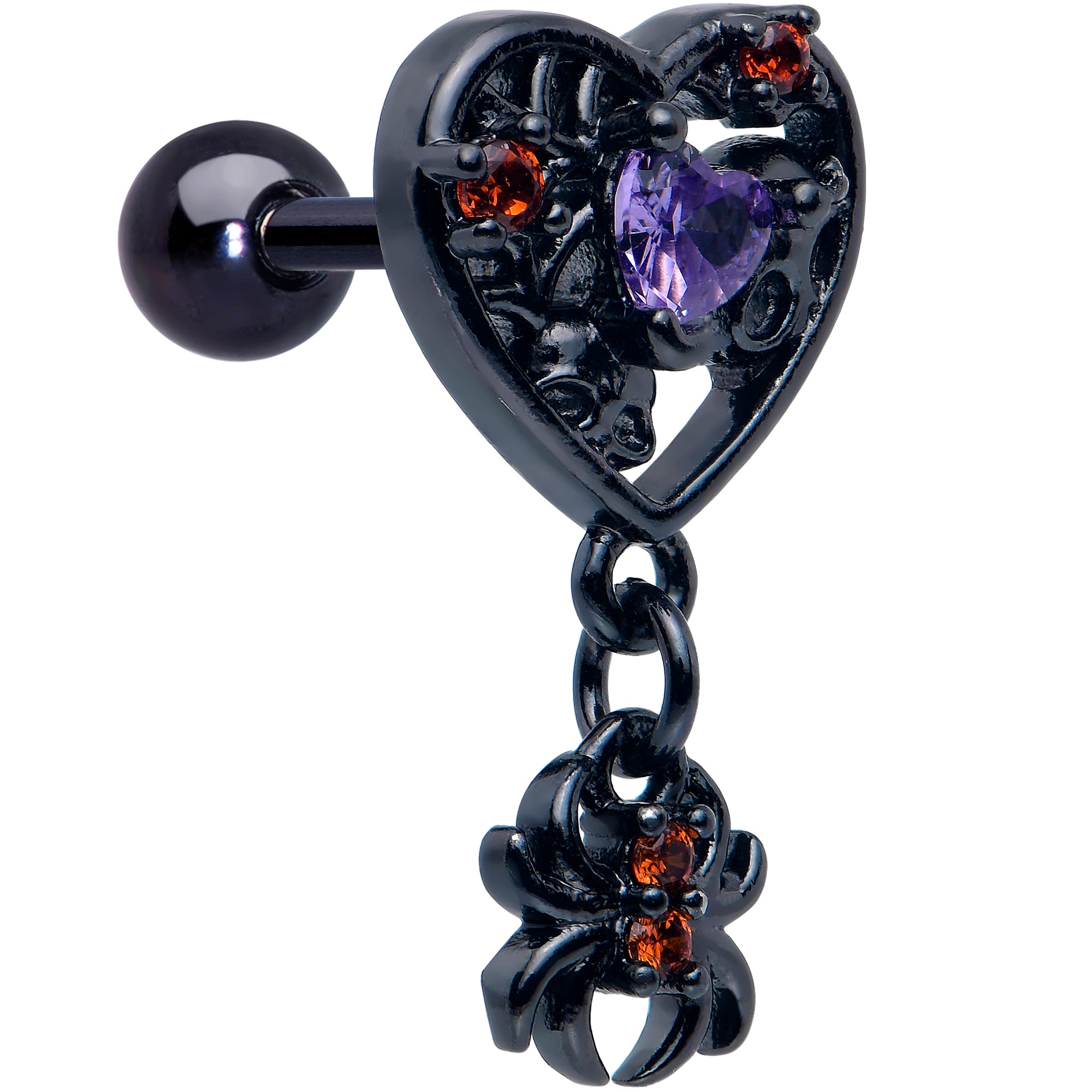 16 Gauge Red CZ Gem Black Heart Spider Skull Dangle Cartilage Earring