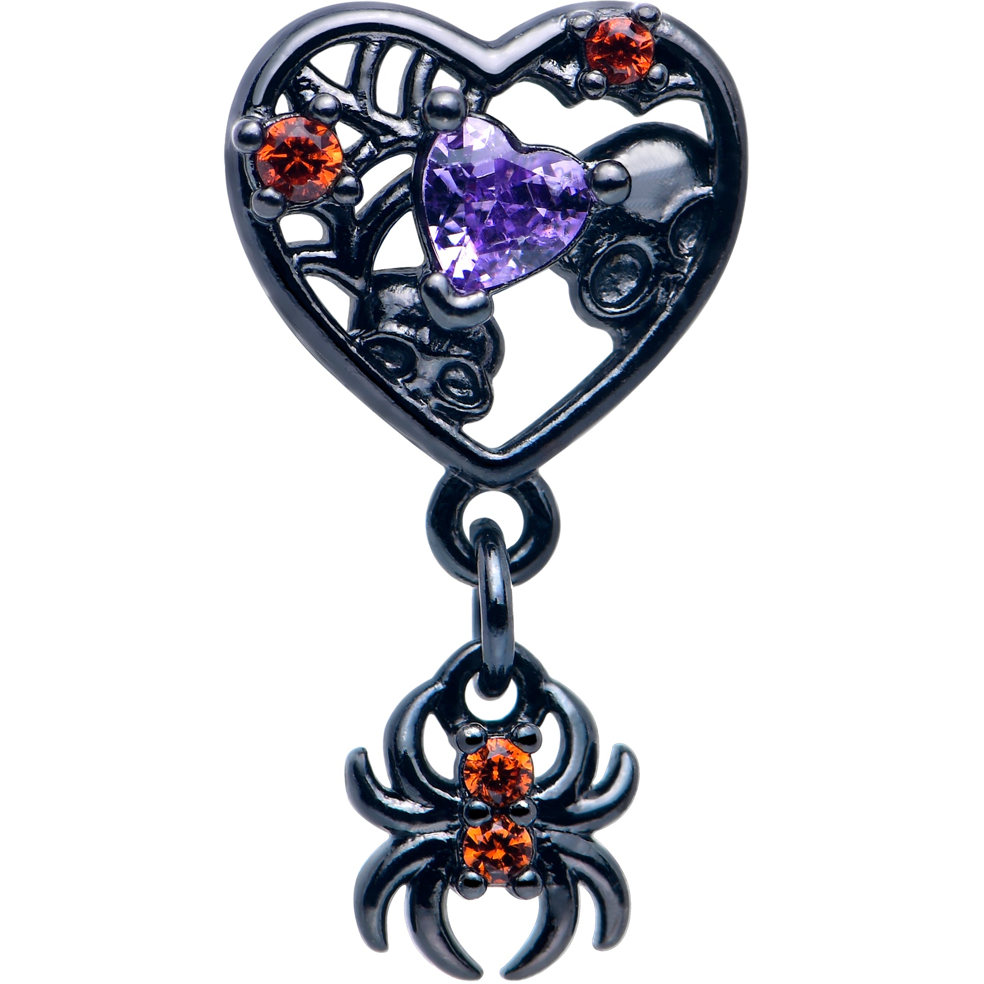 Red CZ Gem Black Heart Spider Skull 16 Gauge Dangle Cartilage Earring