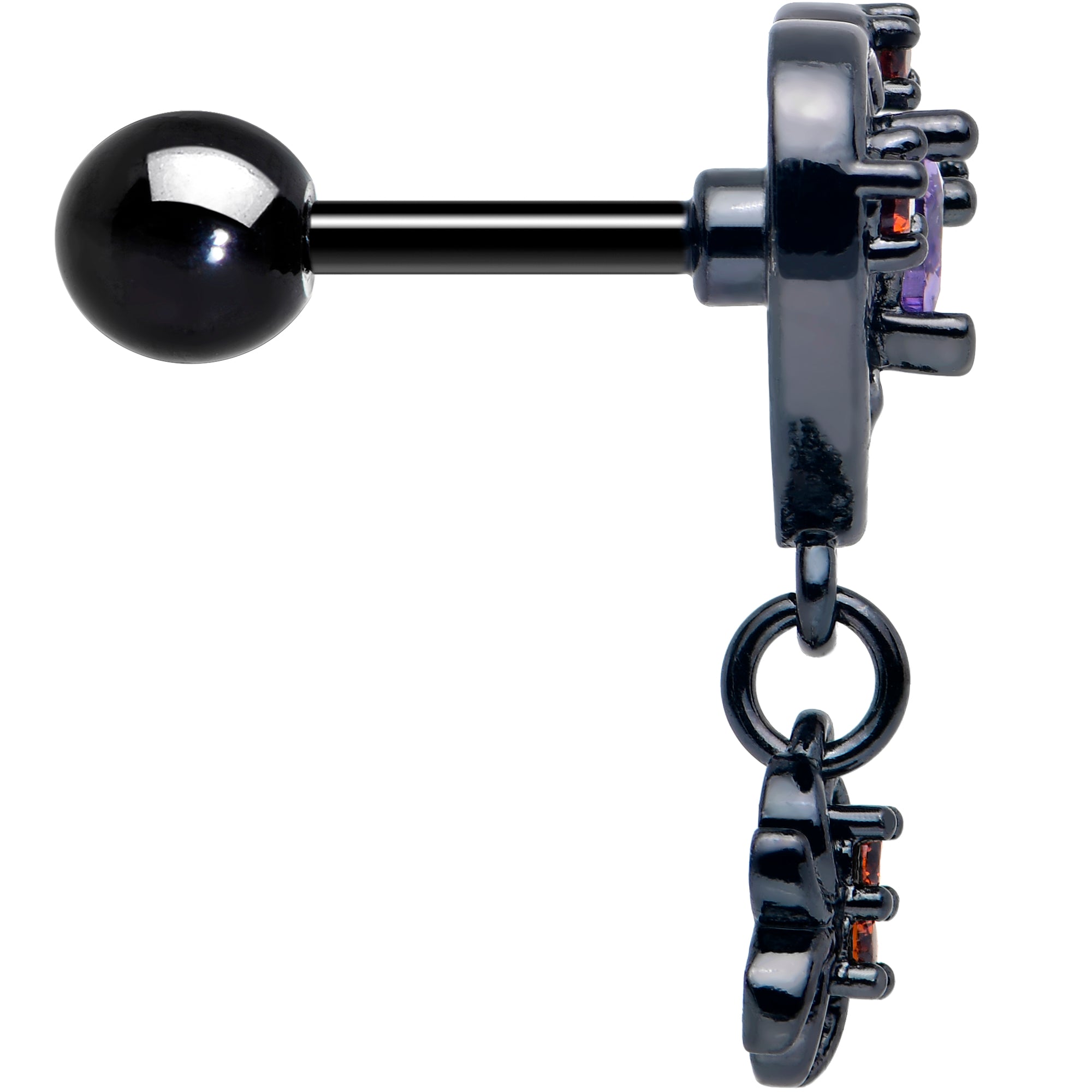 16 Gauge Black Heart Spider Skull Dangle Cartilage Earring with Red CZ Gem