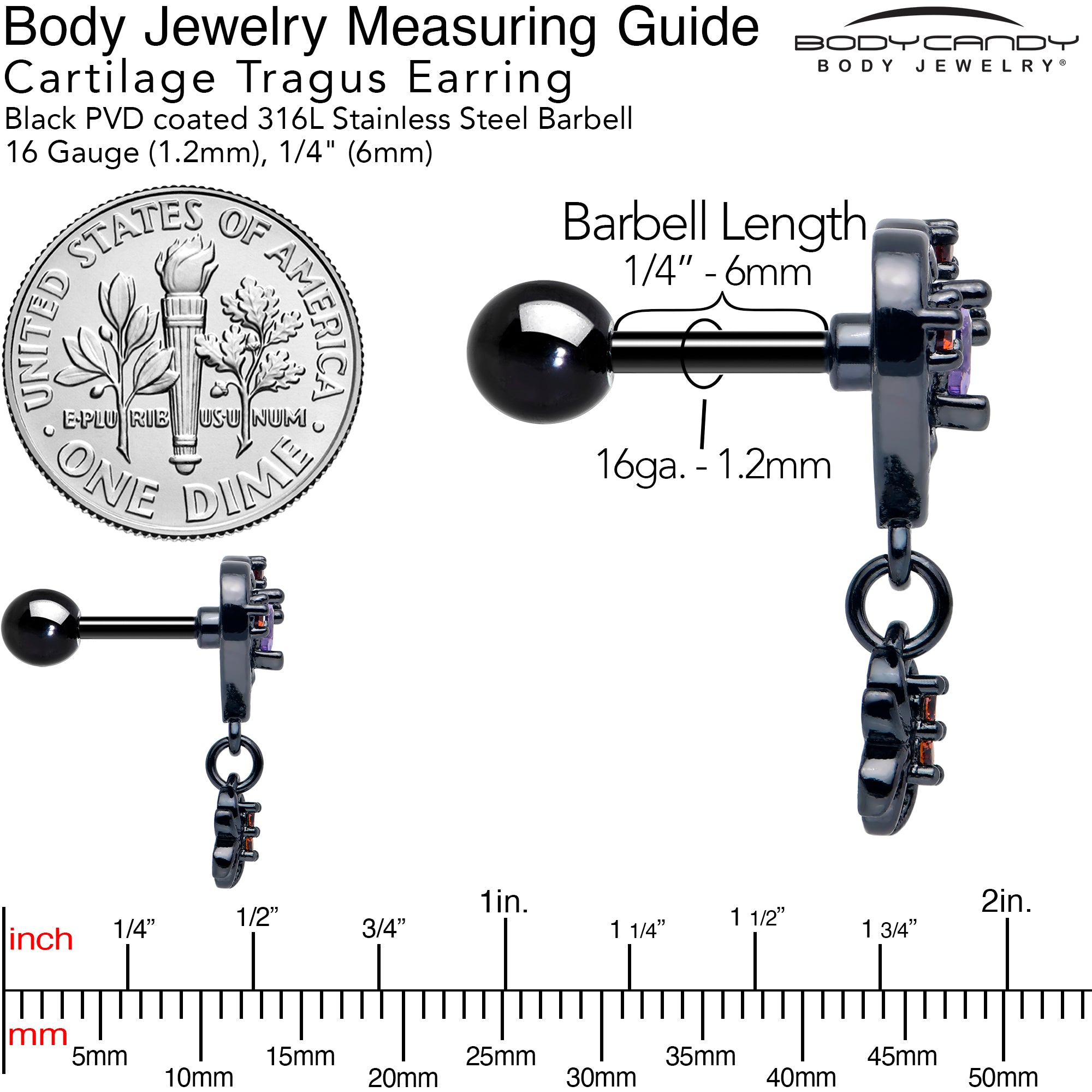 Black Heart Spider Skull 16 Gauge Red CZ Gem Dangle Cartilage Earring