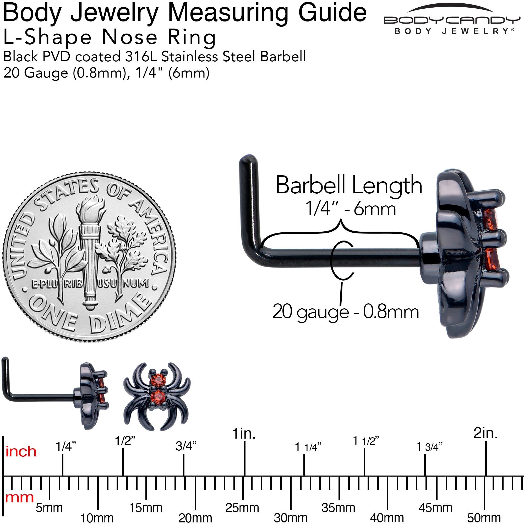 Black Sleek Spider L Shape Nose Ring with Red Gem