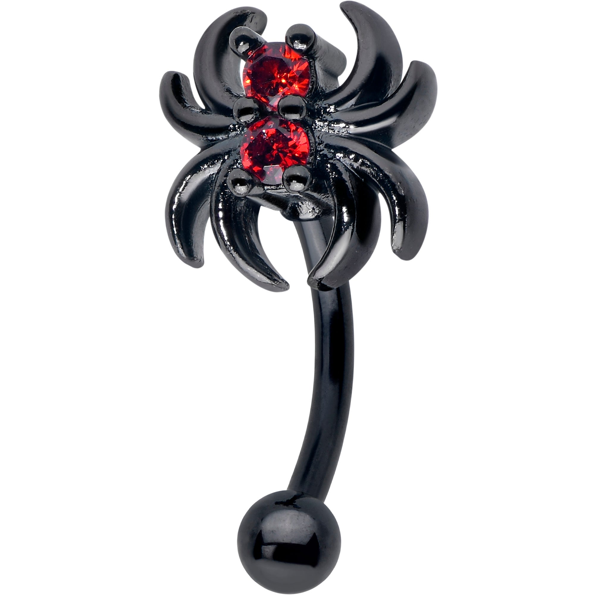 16 Gauge 5/16 Red CZ Gem Black Sleek Spider Curved Eyebrow Ring