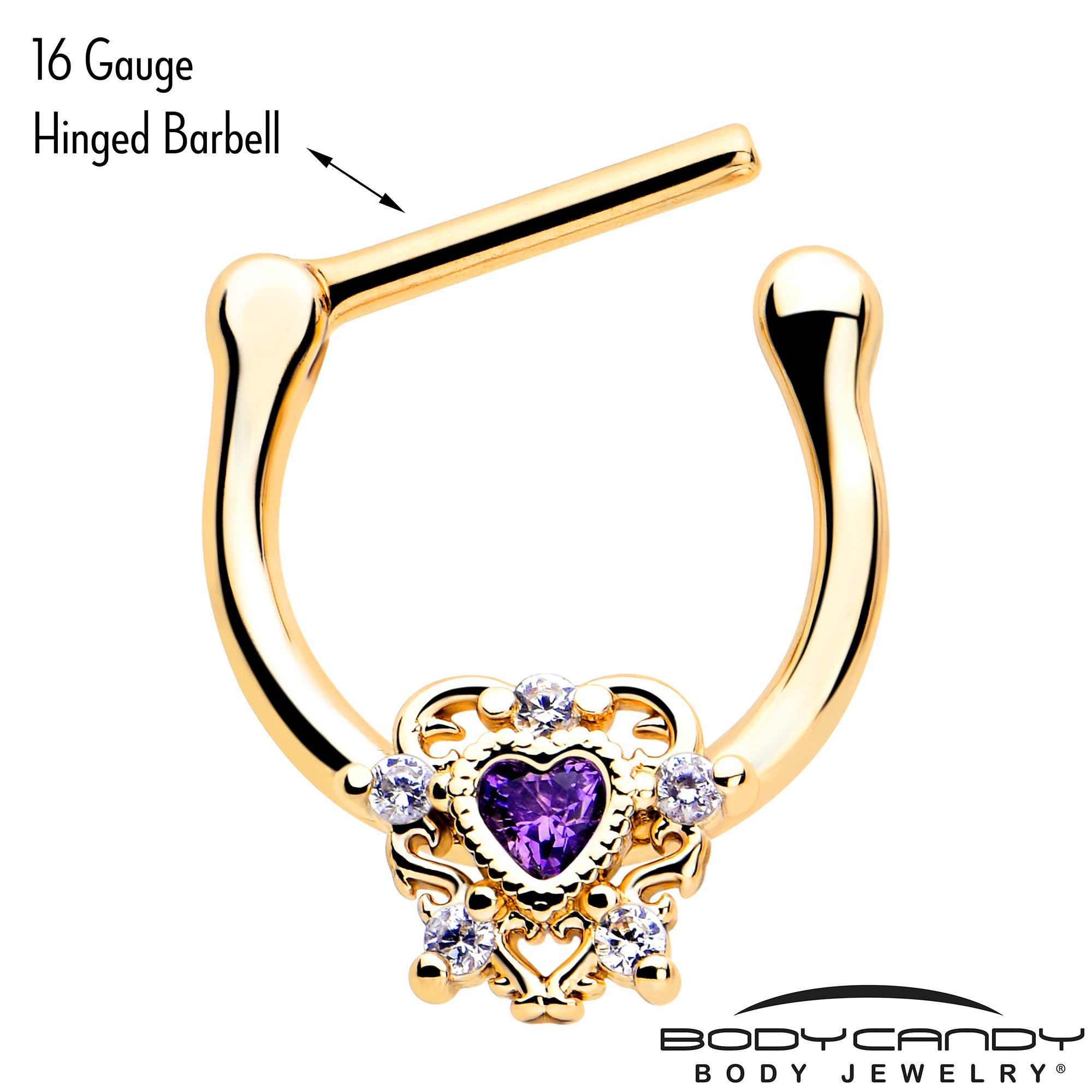 Gold Tone Heart of Love Cartilage Clicker with Purple CZ Gem
