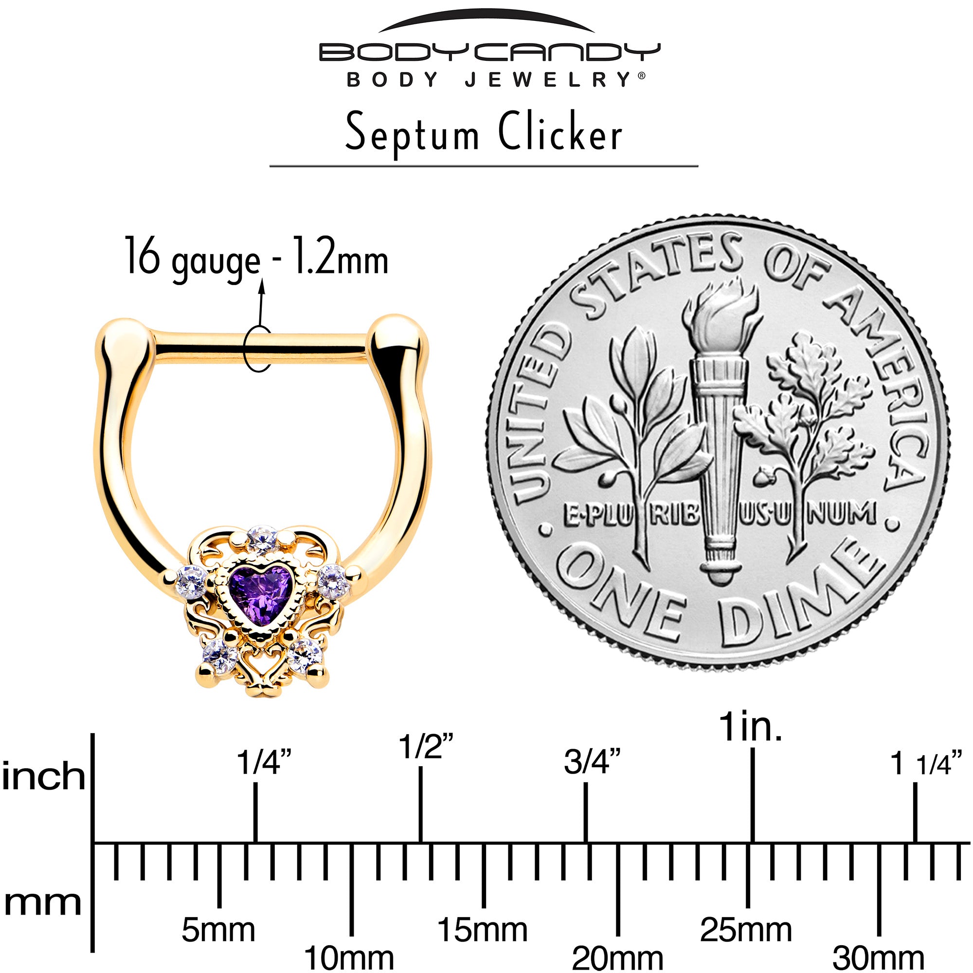 16 Gauge 5/16 Cartilage Clicker Purple CZ Gem Heart of Love
