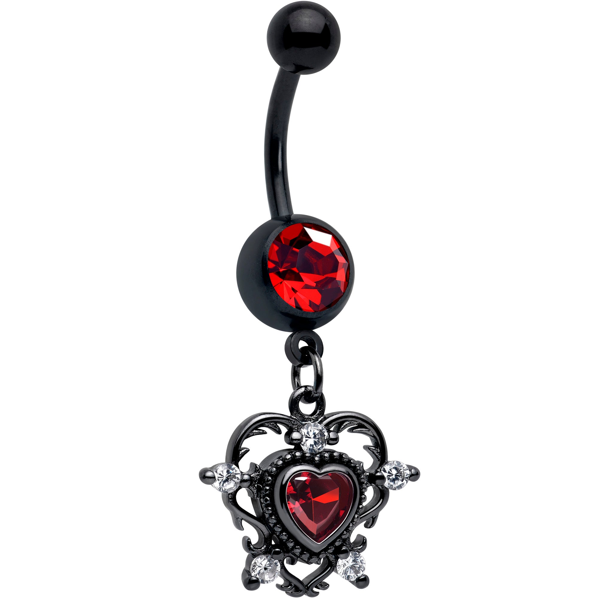 Red CZ Gem Black Double Heart Belly Ring