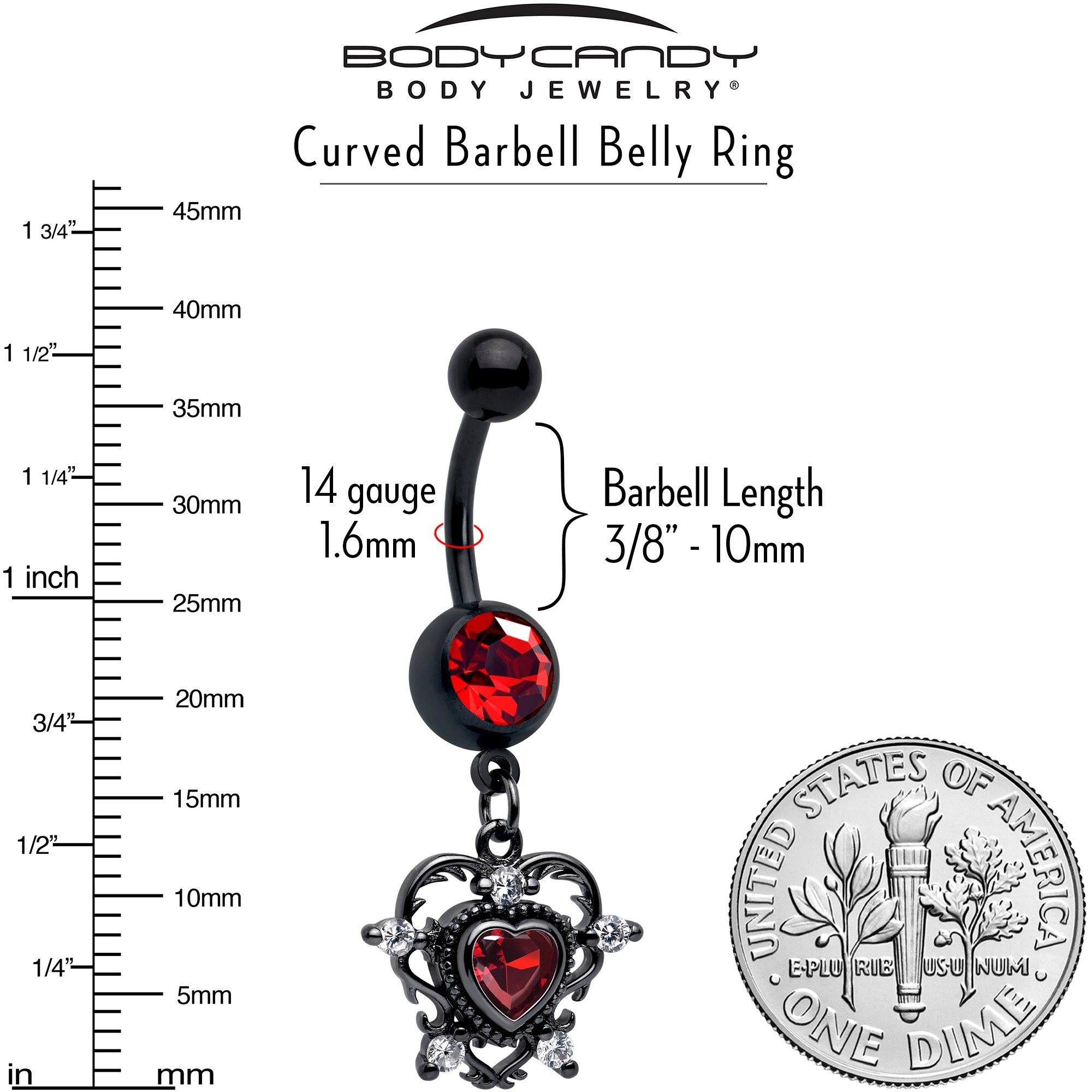 Black Heart Belly Ring with Red CZ Gem