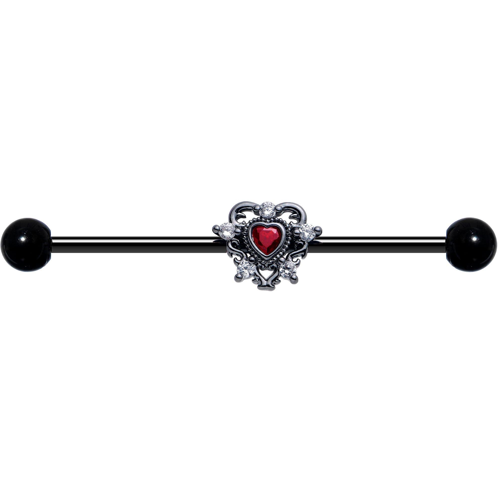 Red CZ Gem Black Double Heart Barbell