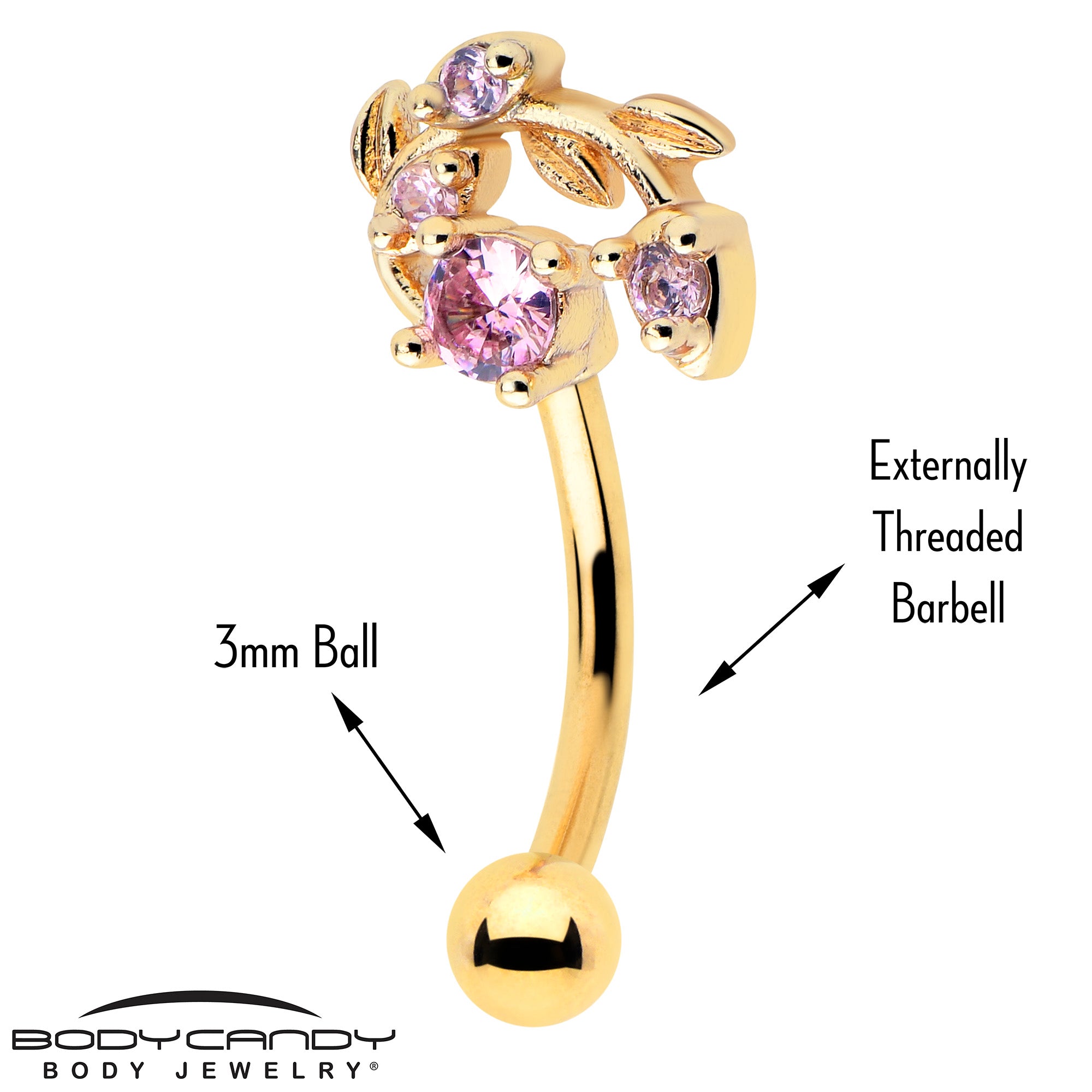 16 Gauge 5/16 Pink Gem Gold Tone Twining Vine Curved Ring