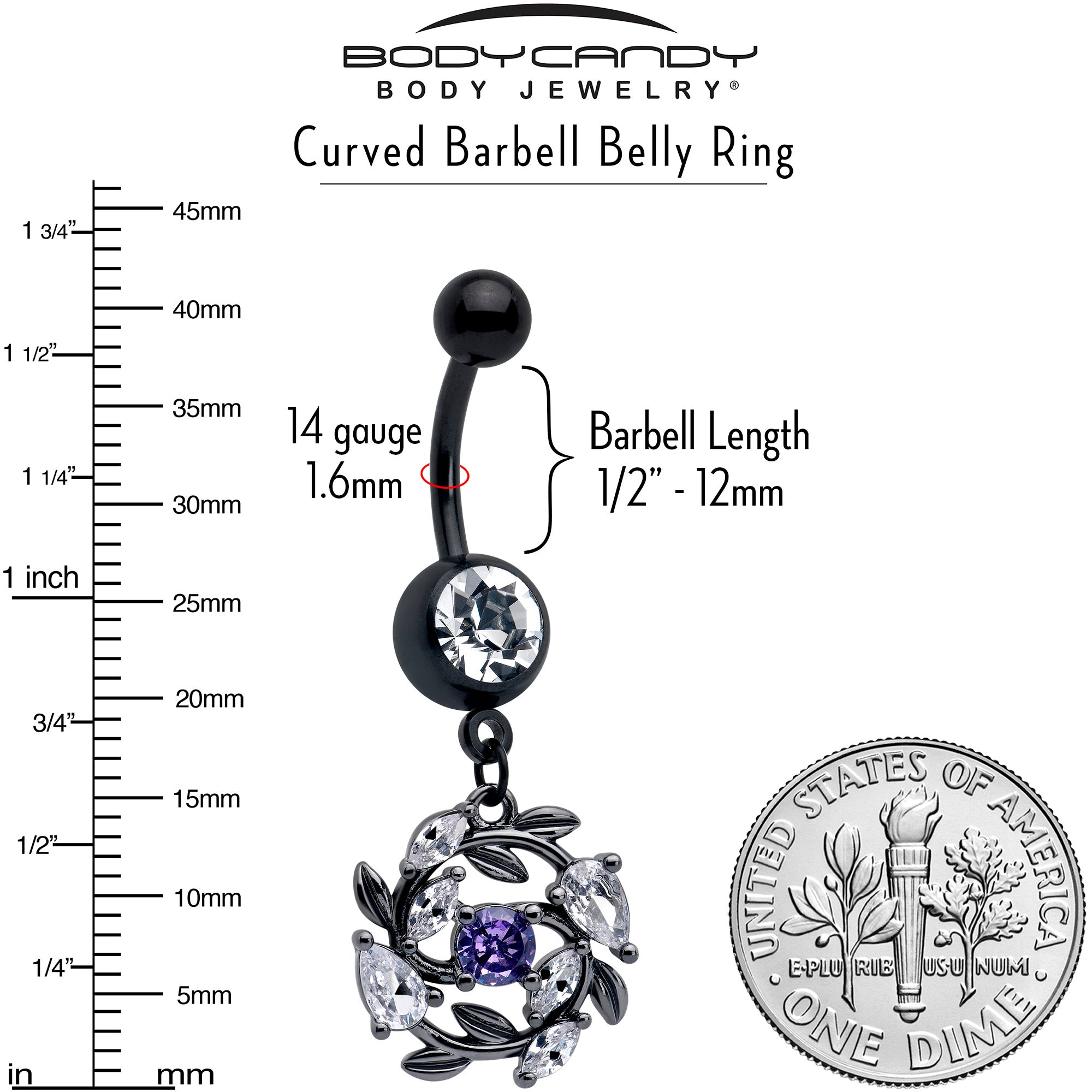 black twining vine dangle belly ring with purple clear gem