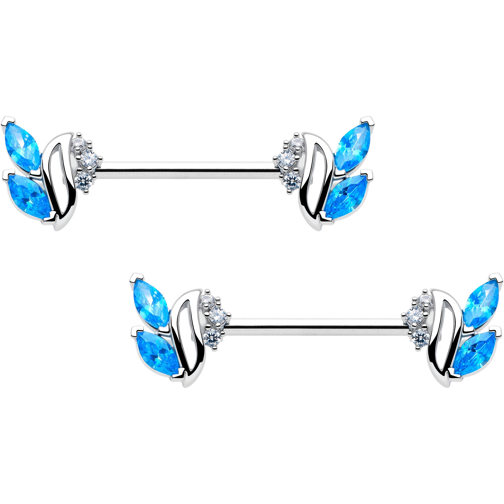 14G blue clear CZ swirl fan nipple ring set