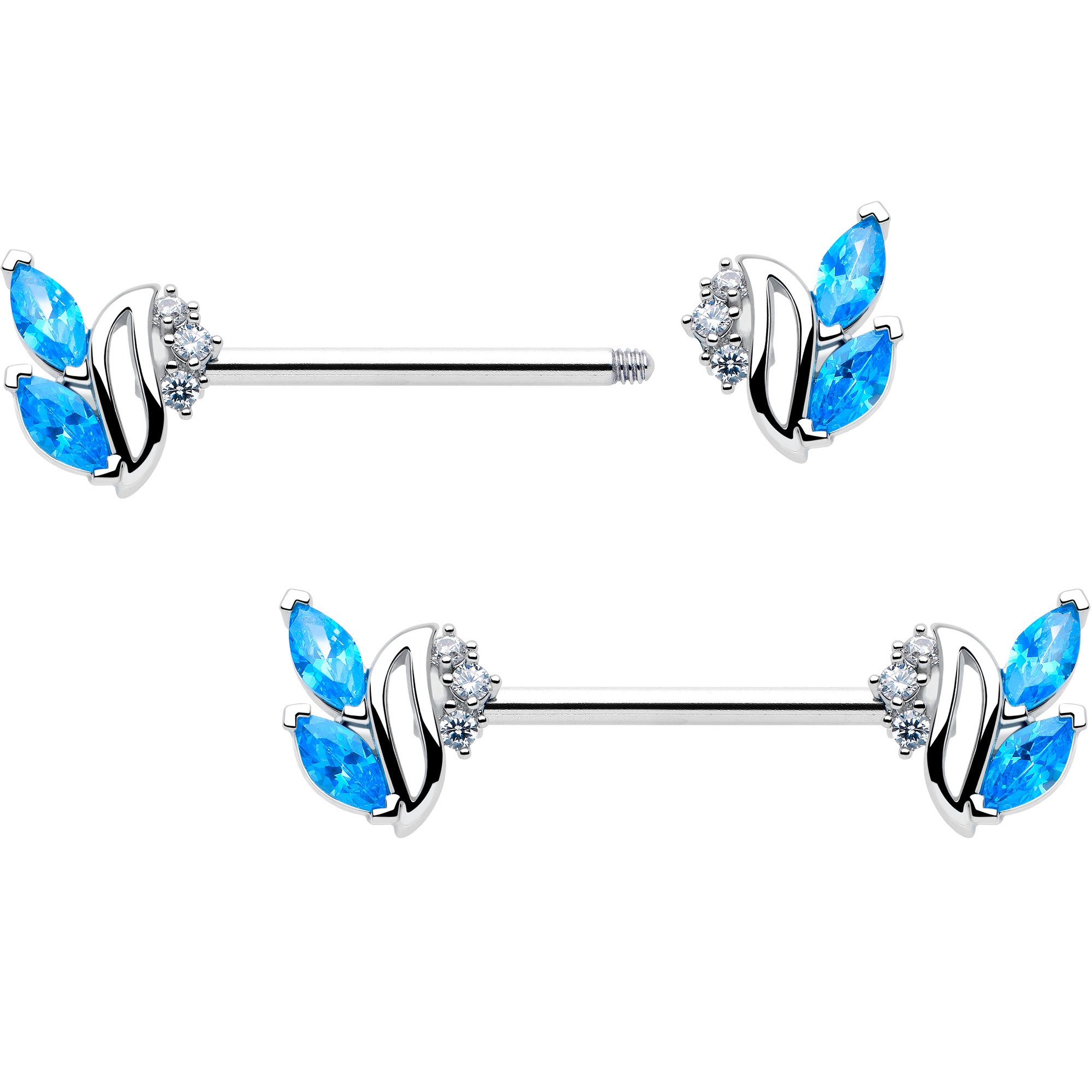 blue clear CZ gem fan barbell nipple jewelry
