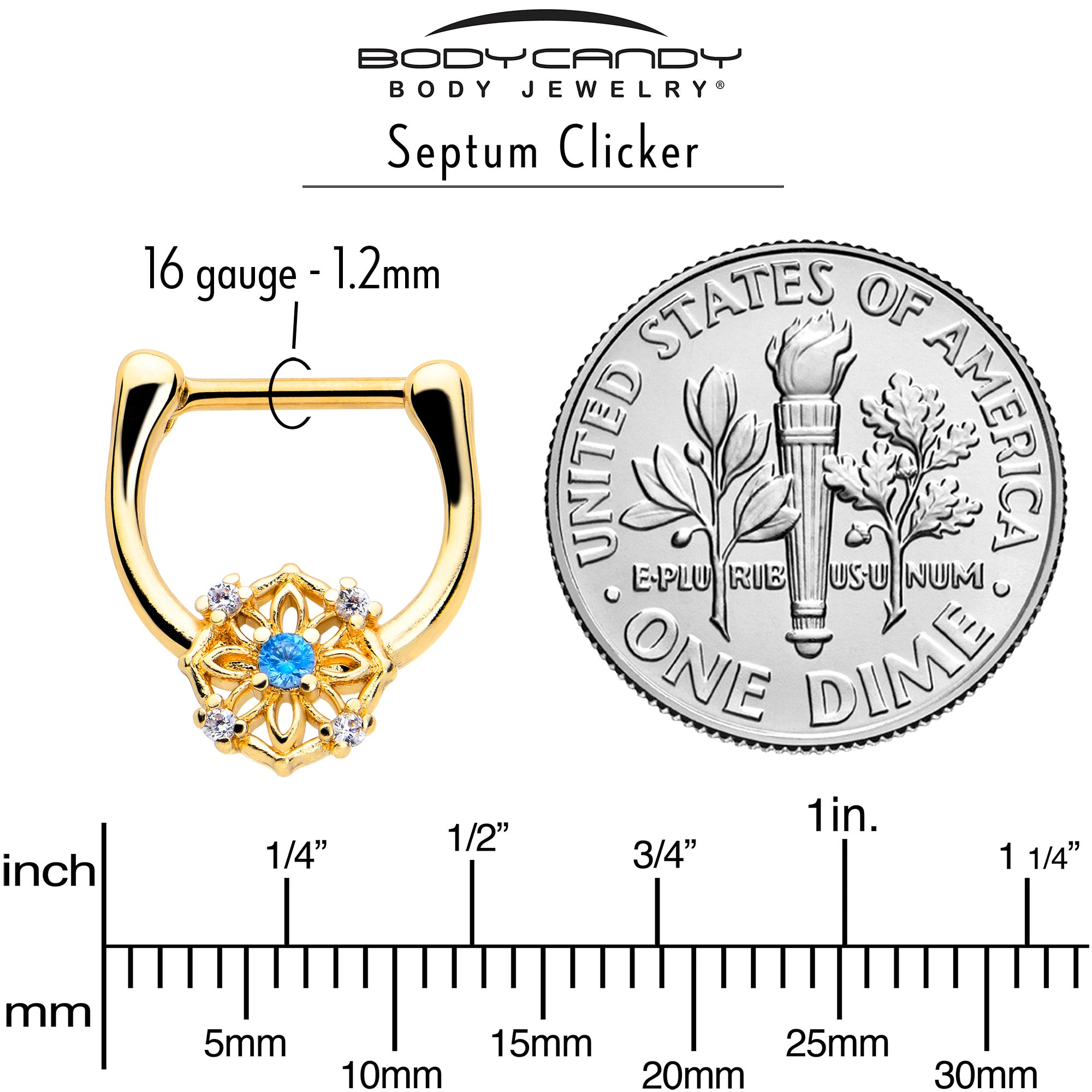 16G 5/16 Blue CZ Gem Gold Tone Flower Ring Cartilage Clicker