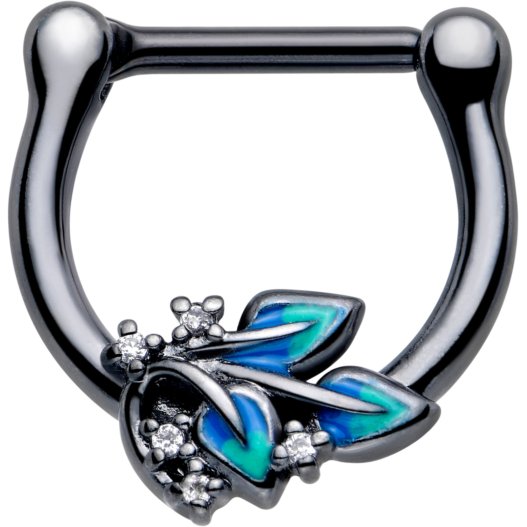 16 Gauge 5/16 Clear CZ Gem Black Lush Leaves Cartilage Clicker