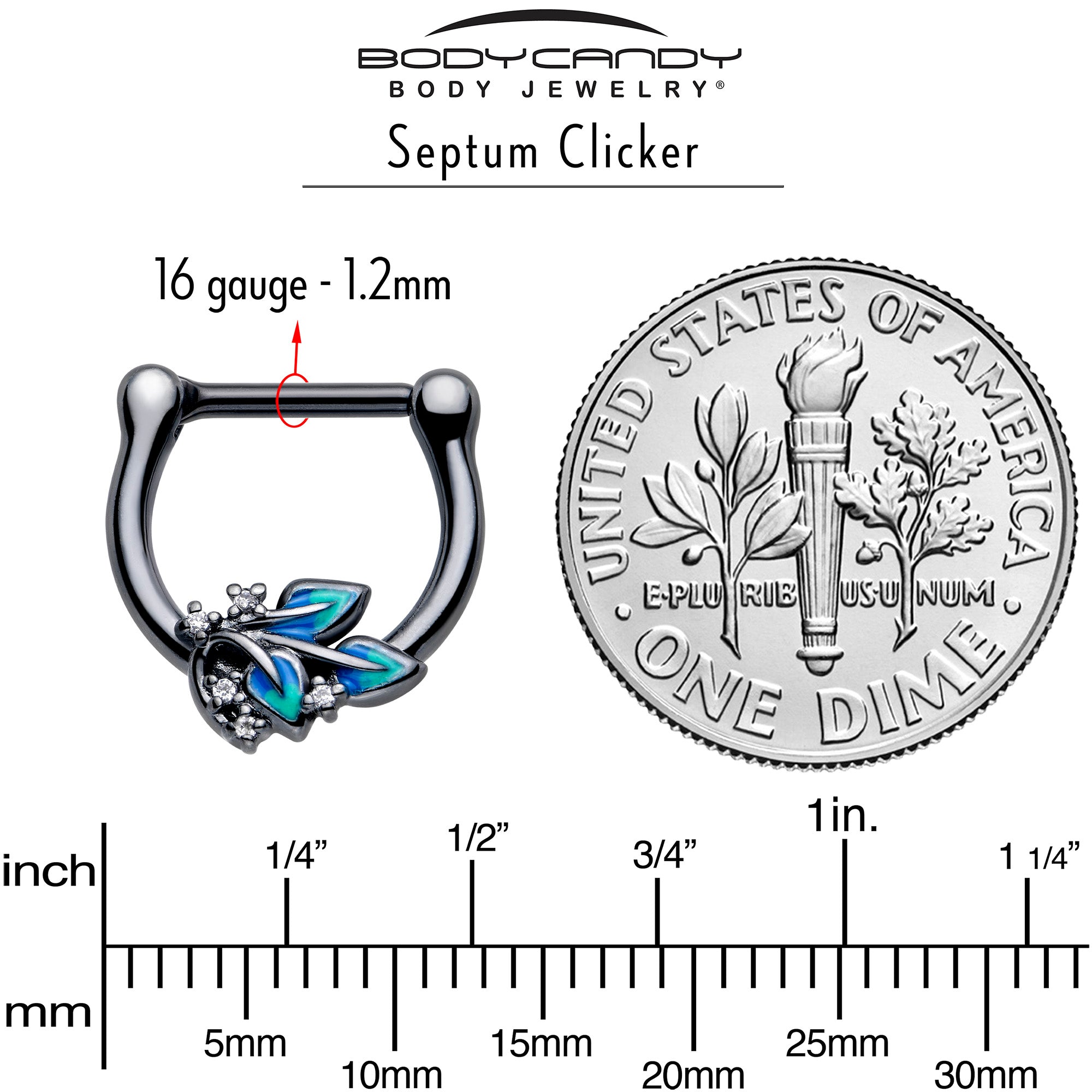 16 Gauge 5/16 Cartilage Clicker with Clear CZ Gem and Black Lush Leaves