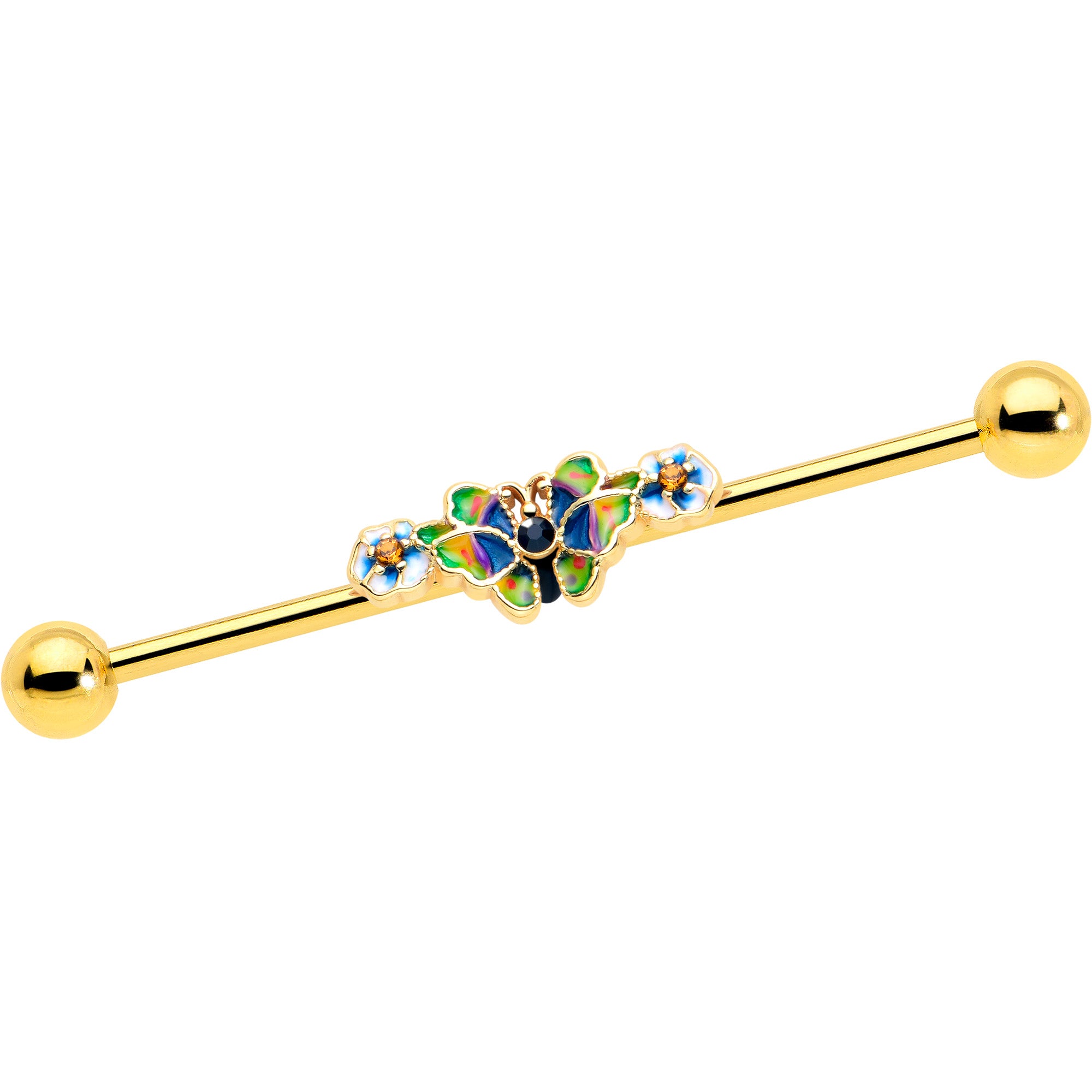 14 Gauge Blue Gem Gold Tone Butterfly Industrial Barbell